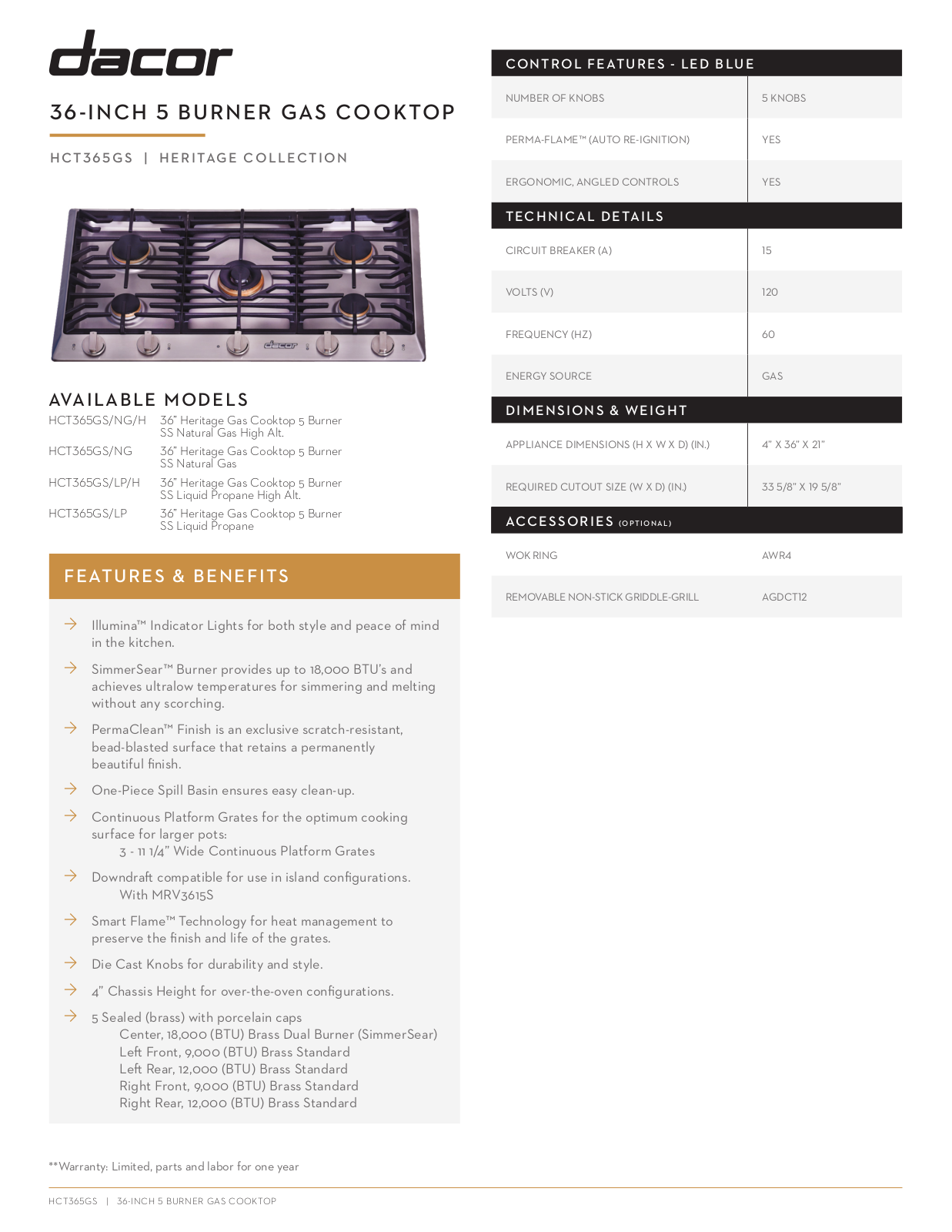 Dacor HCT365GSNGH Specifications