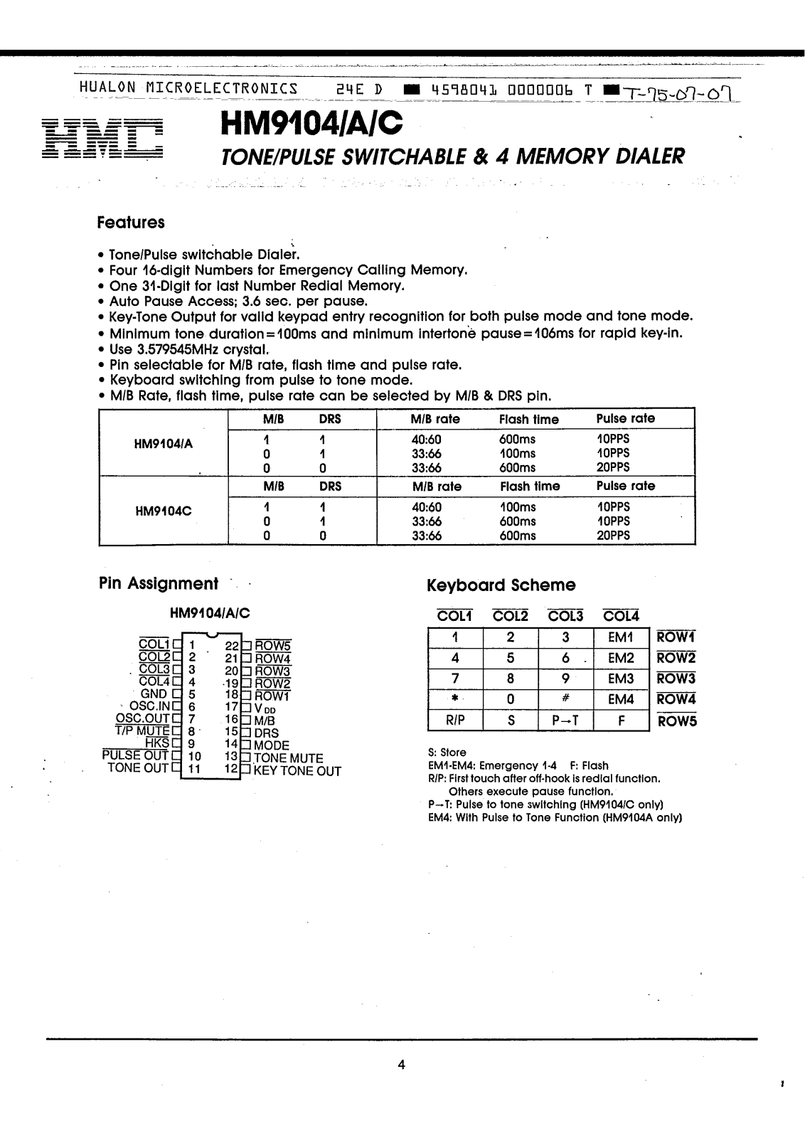 HMC HM9104, HM9104A, HM9104B Datasheet