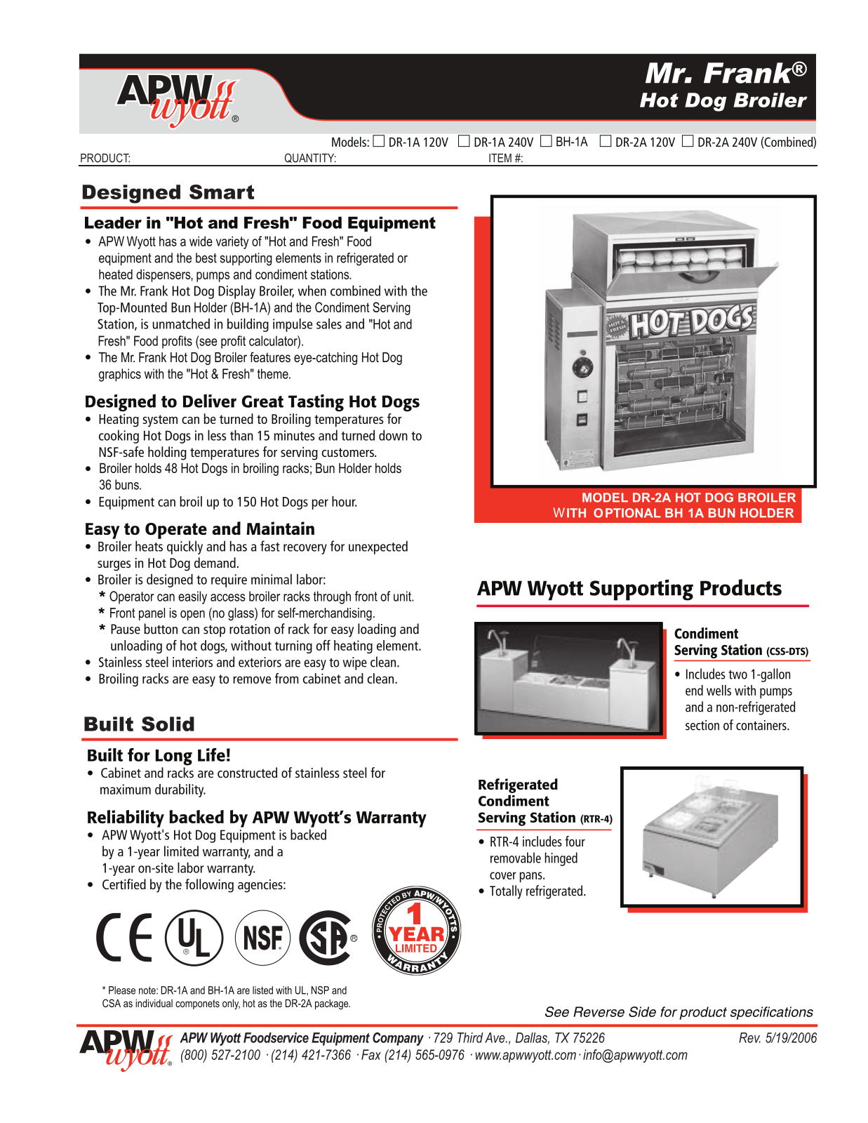 APW Wyott DR-2A 240V, BH-1A, DR-2A 120V, DR-1A 120V, DR-1A 240V User Manual