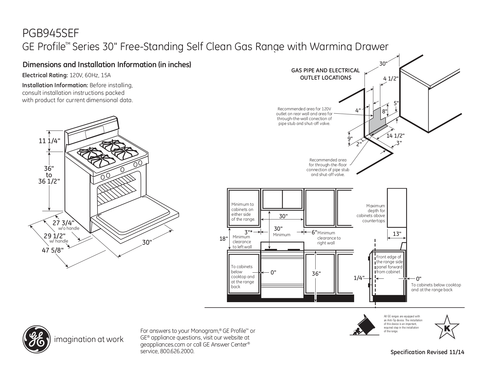 GE PGB945SEF Specification