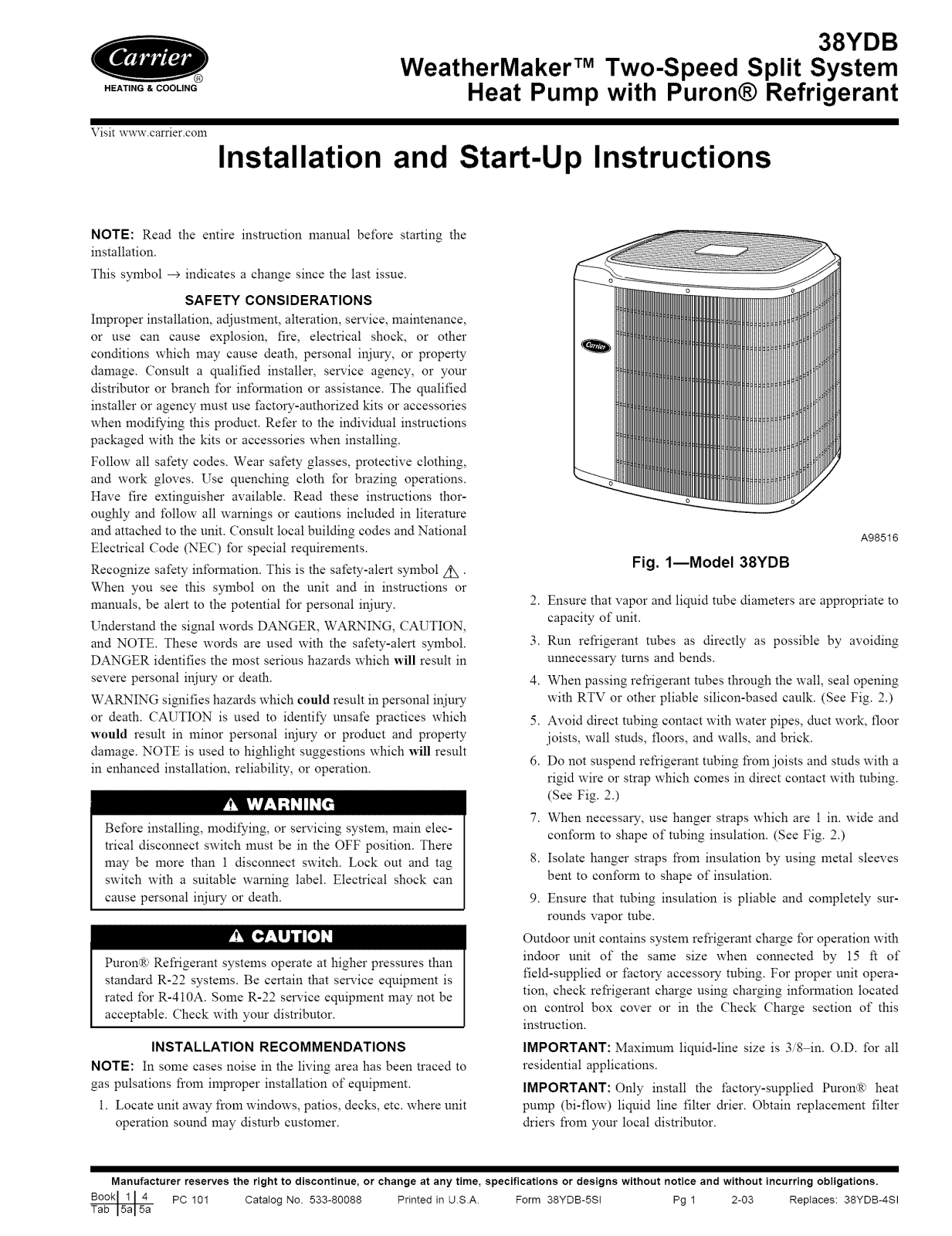 Carrier 38YDB060 SERIES300, 38YDB060 SERIES320, 38YDB037 SERIES310, 38YDB037 SERIES300, 38YDB036 SERIES310 Installation Guide - ManualMachine.com