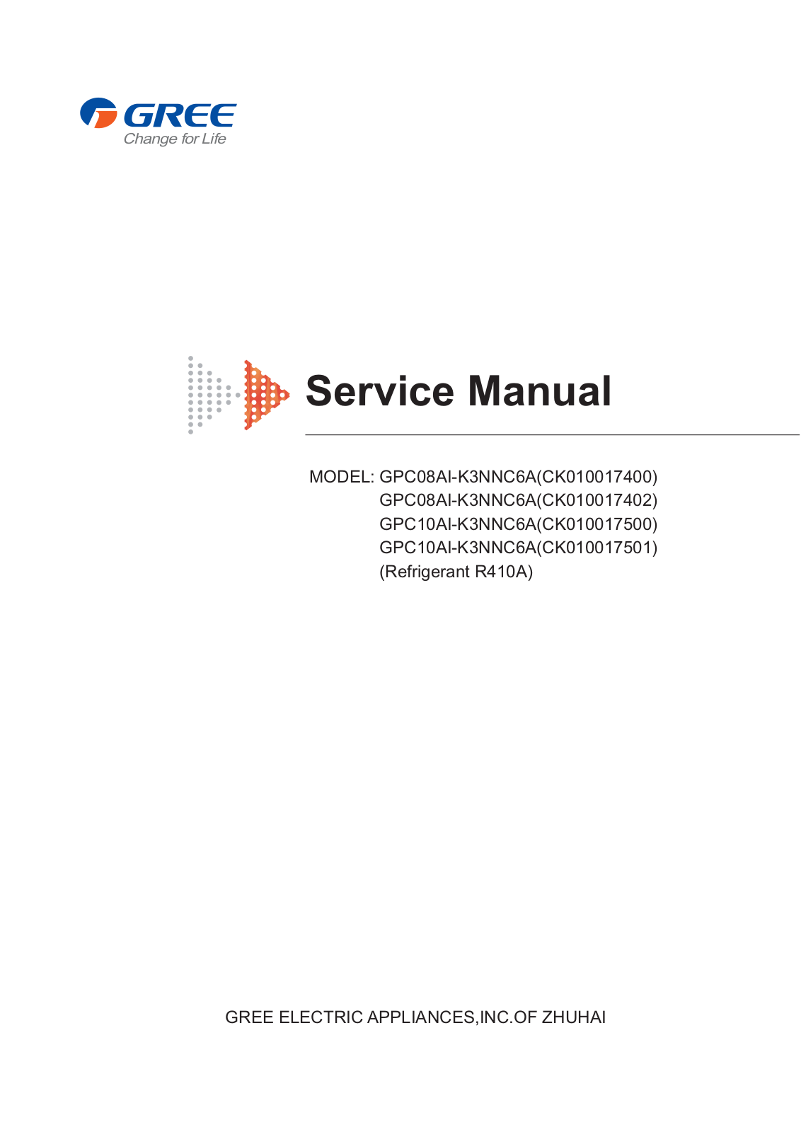 Gree GPC08AI-K3NNC6A, GPC10AI-K3NNC6A Service Manual