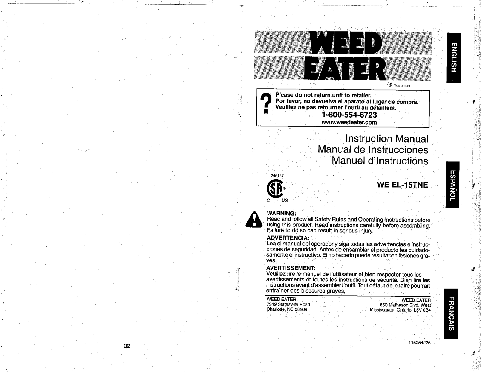 Weed Eater WE EL-15TNE, 115254225, 966048001 User Manual