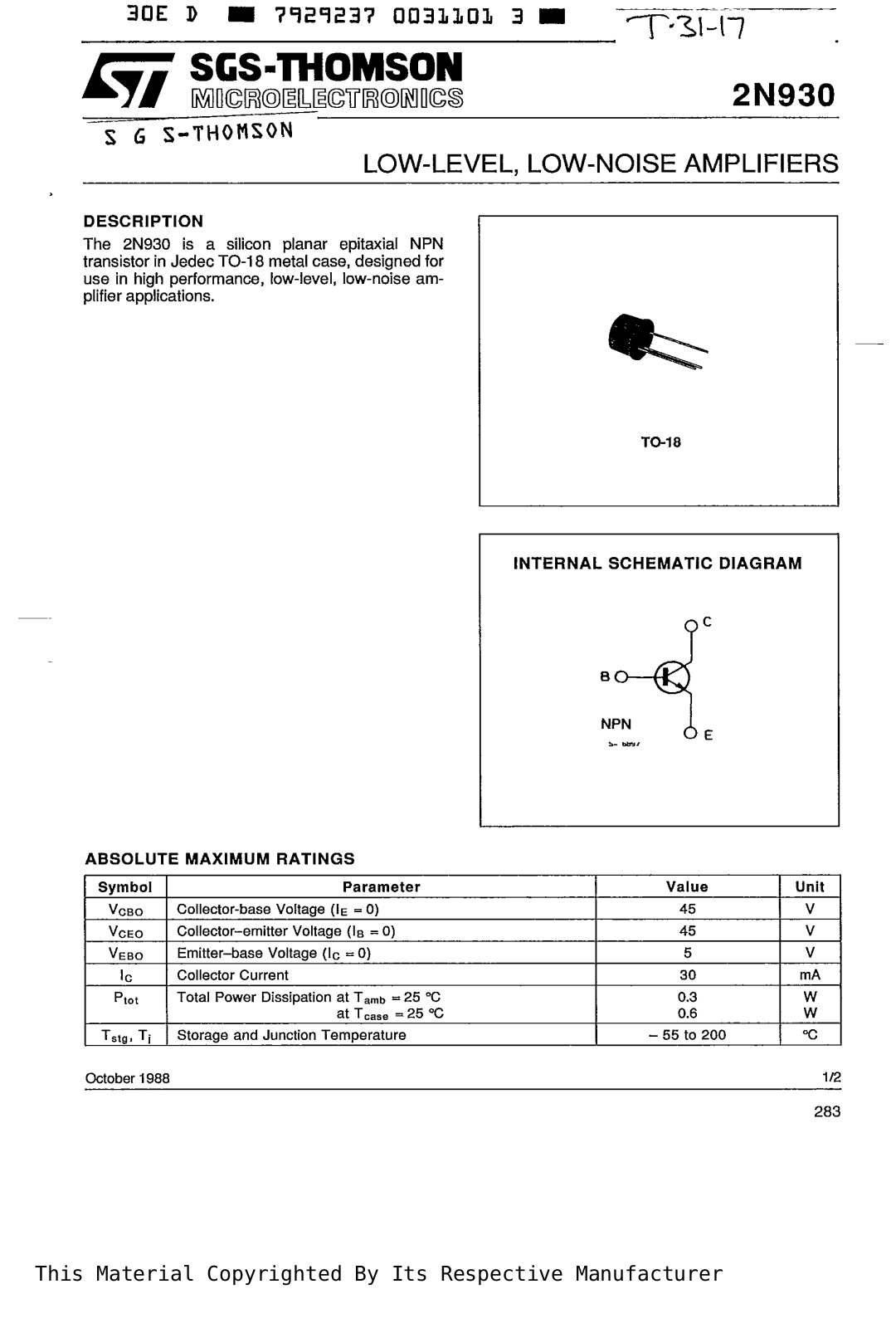 SGS Thomson Microelectronics 2N930 Datasheet