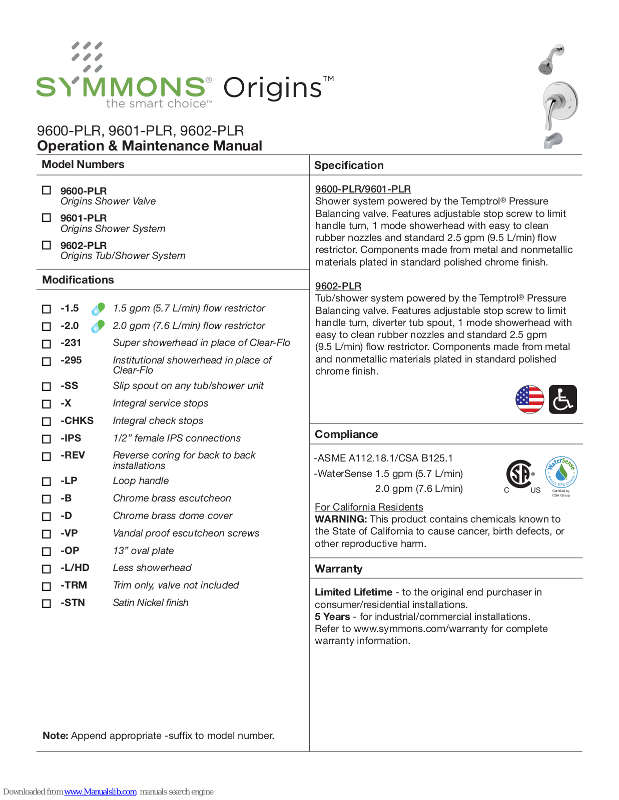 Symmons Origins 9600-PLR, Origins 9602-PLR, Origins 9601-PLR Operation & Maintenance Manual