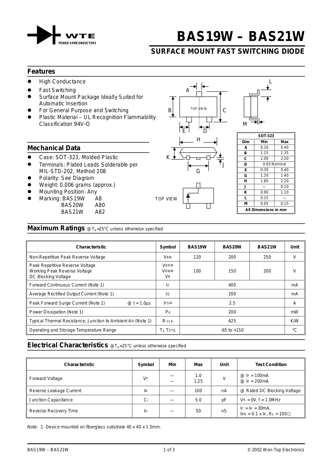 WTE BAS20W-T3, BAS20W-T1, BAS19W-T3, BAS19W-T1, BAS21W-T3 Datasheet