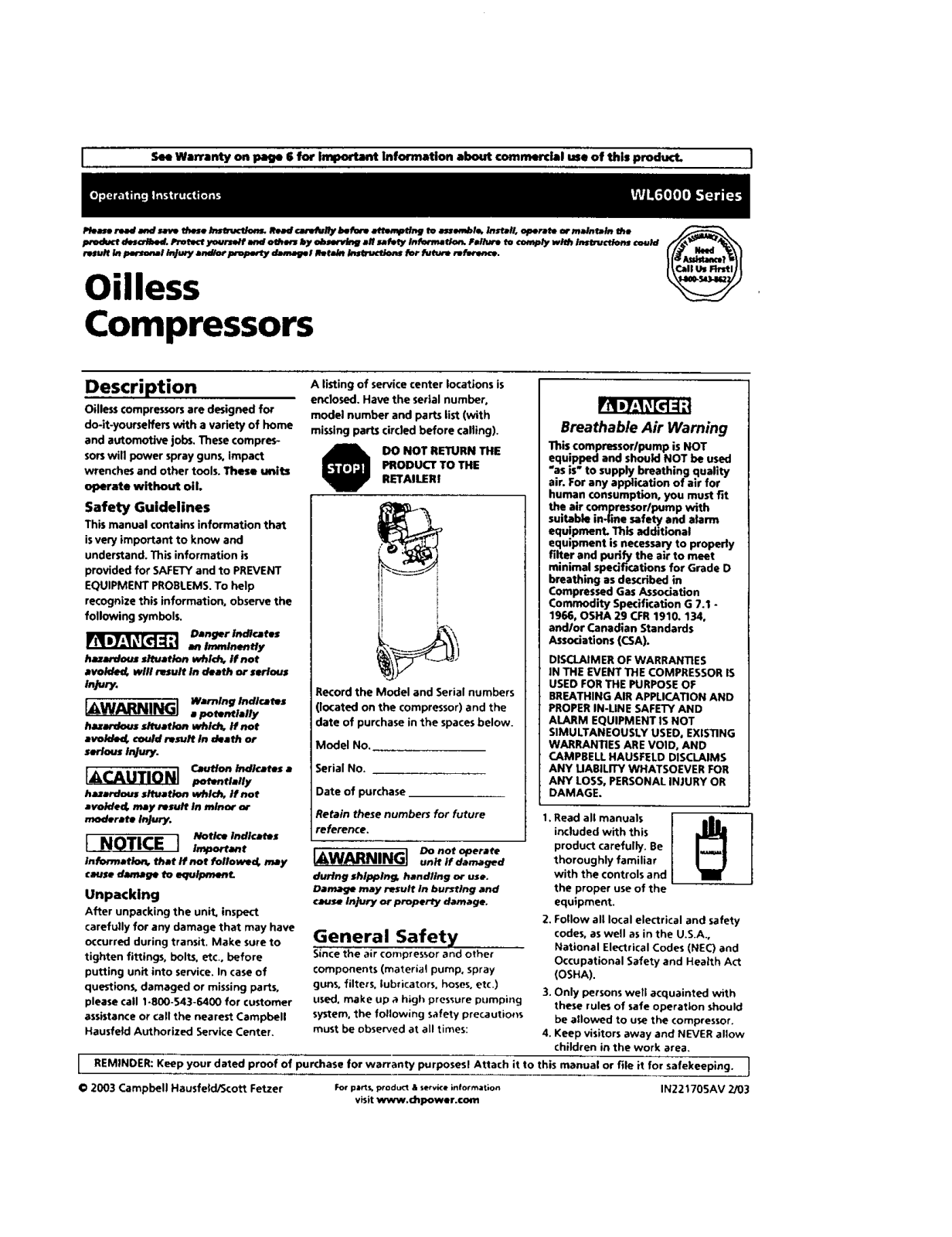 Campbell Hausfeld WL6117 Owner’s Manual