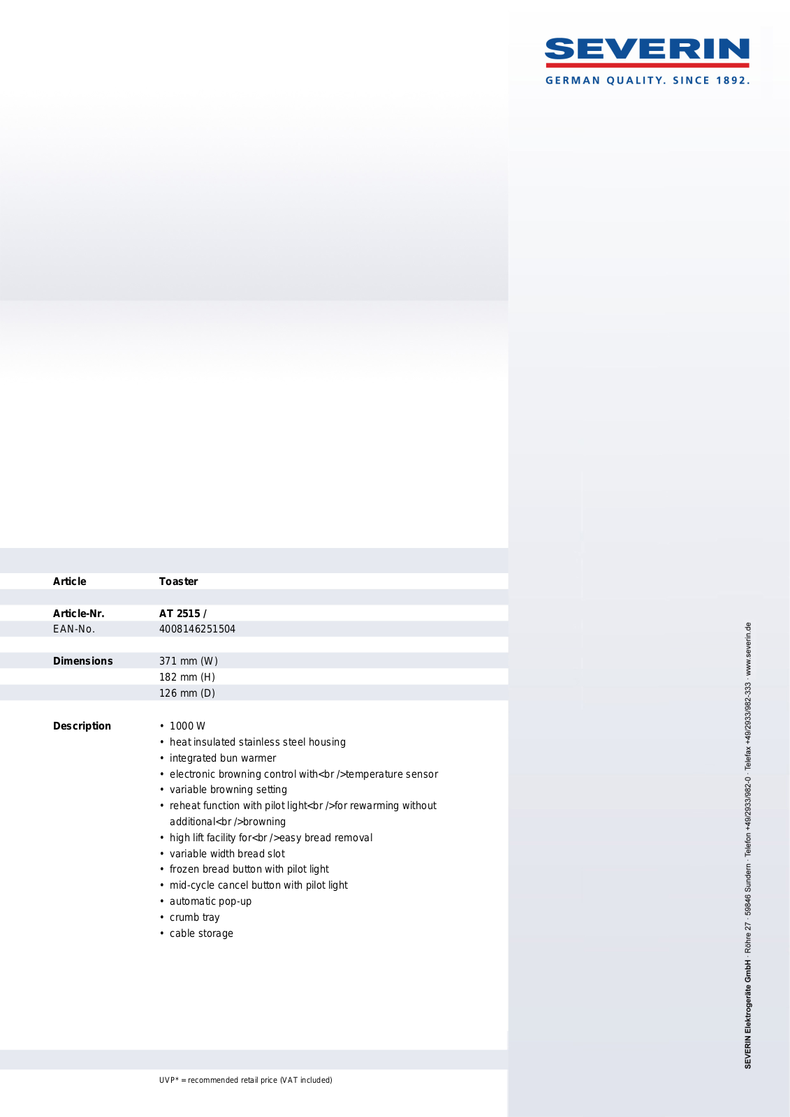 Severin TOASTER, AT 2515 User Manual