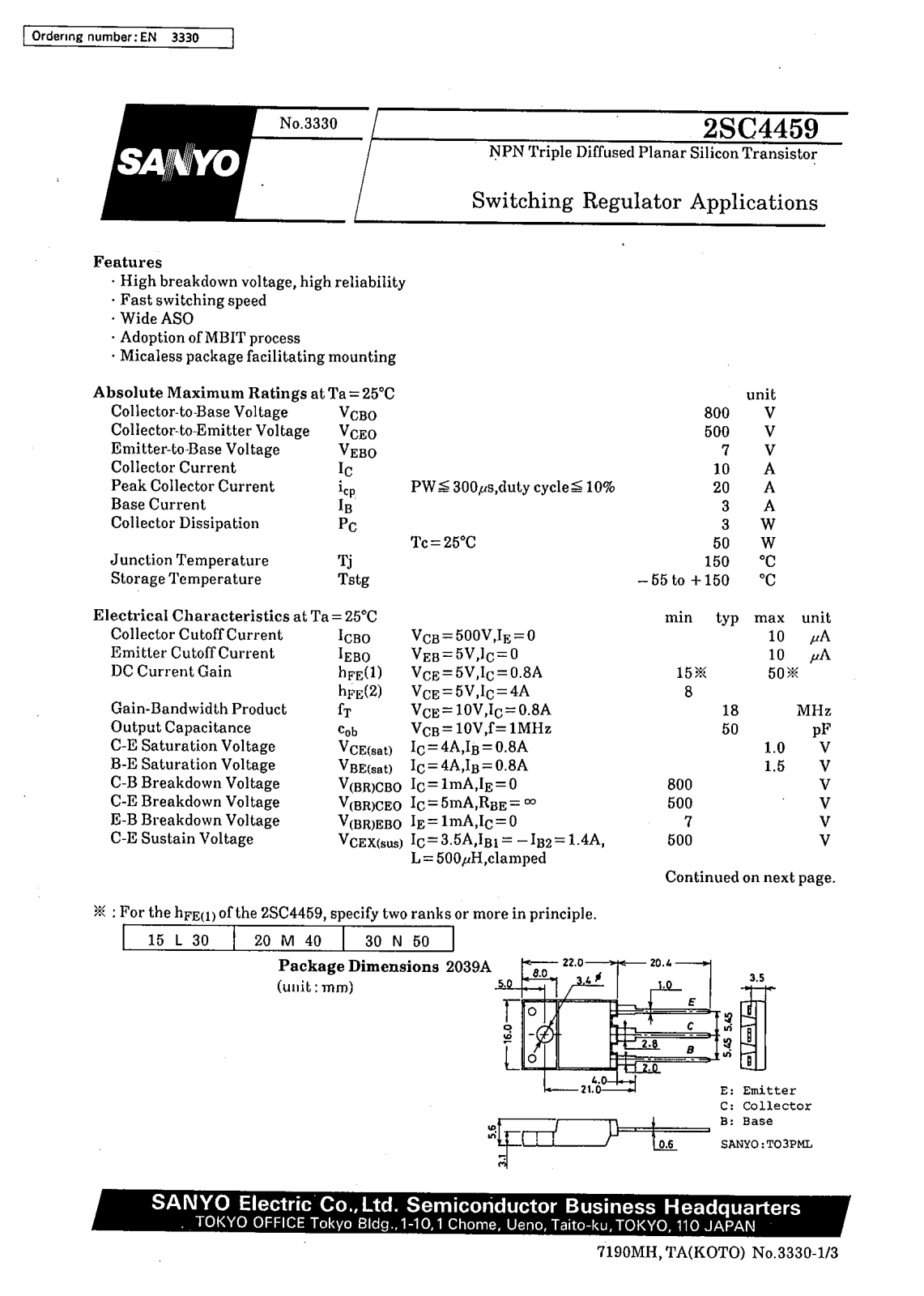 SANYO 2SC4459 Datasheet