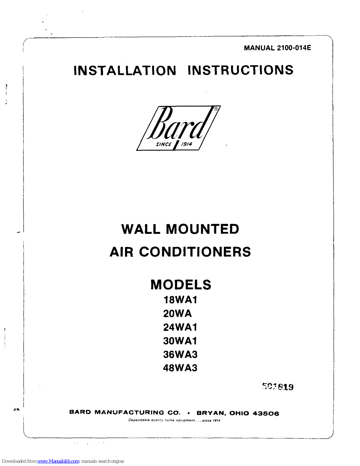 Bard 18WA1, 24WA1, 20WA, 30WA1, 36WA3 Installation Instructions Manual