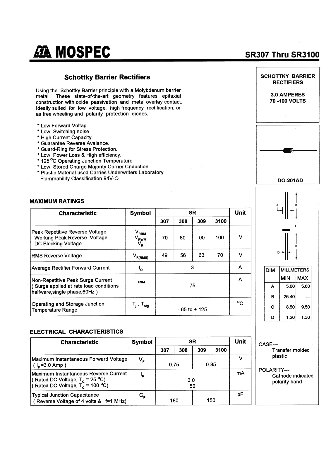 MOSPEC SR309, SR308, SR307, SR3100 Datasheet