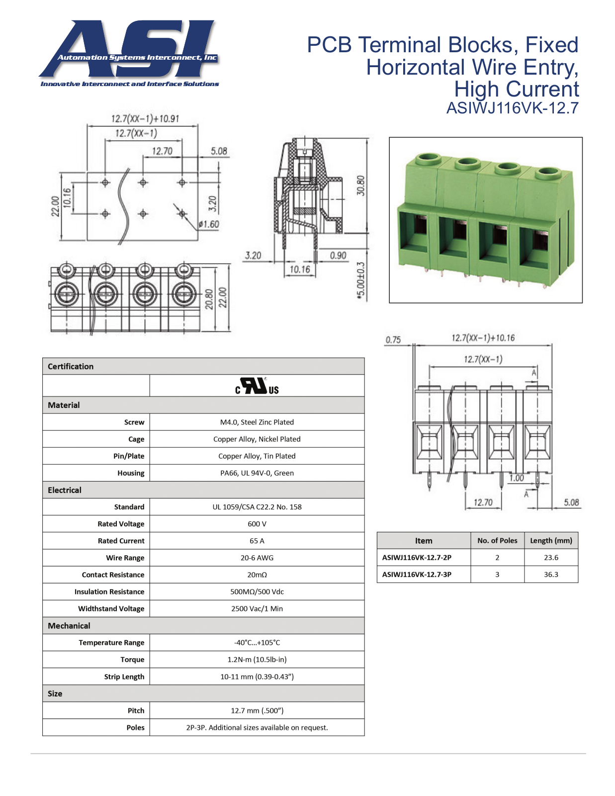 ASI-Automation Systems Interconnect ASIWJ116VK-12.7 Data Sheet