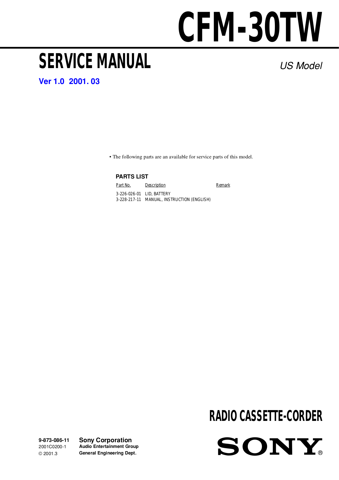 Sony CFM-30TQ Service Manual