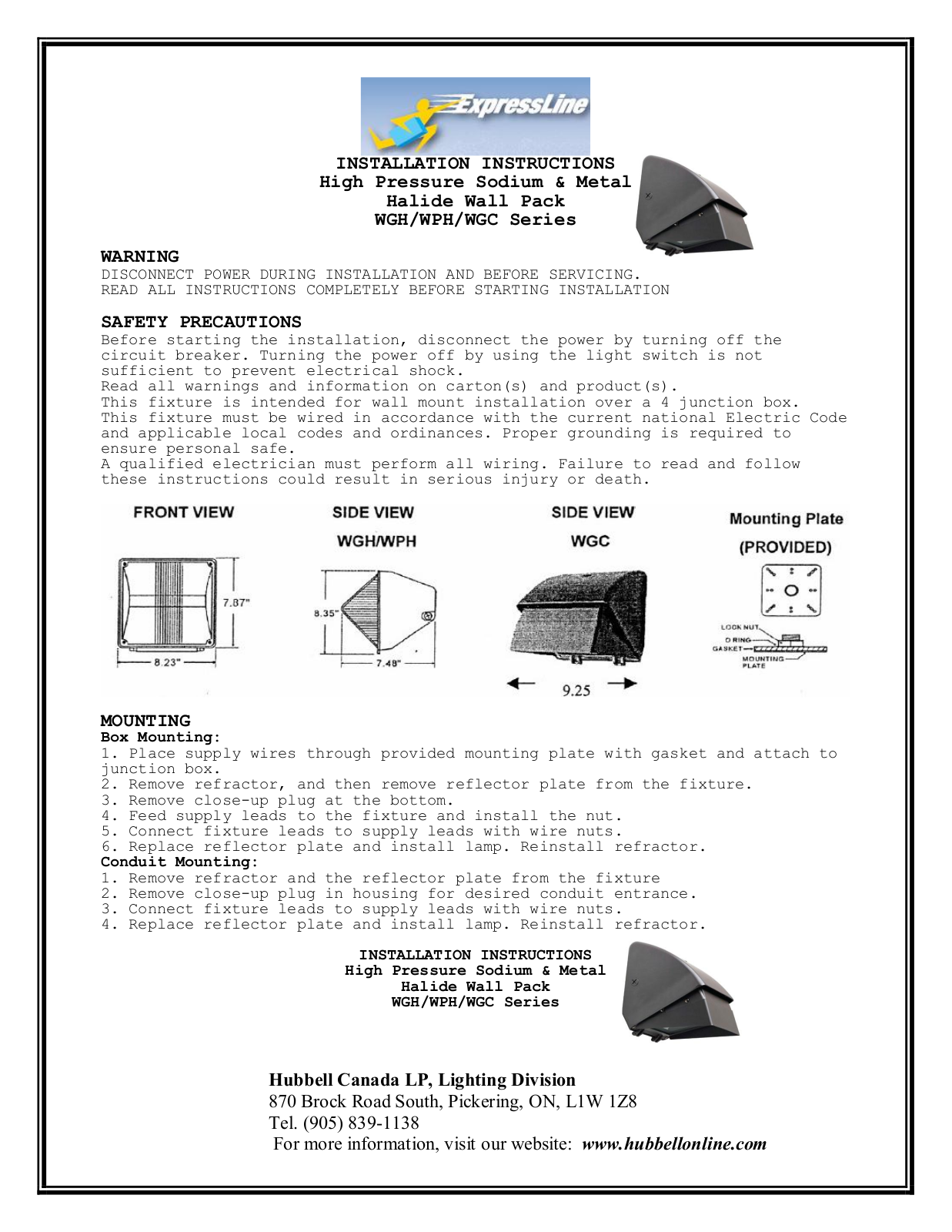 Hubbell WPH, WGH, WGC Installation Instructions Manual