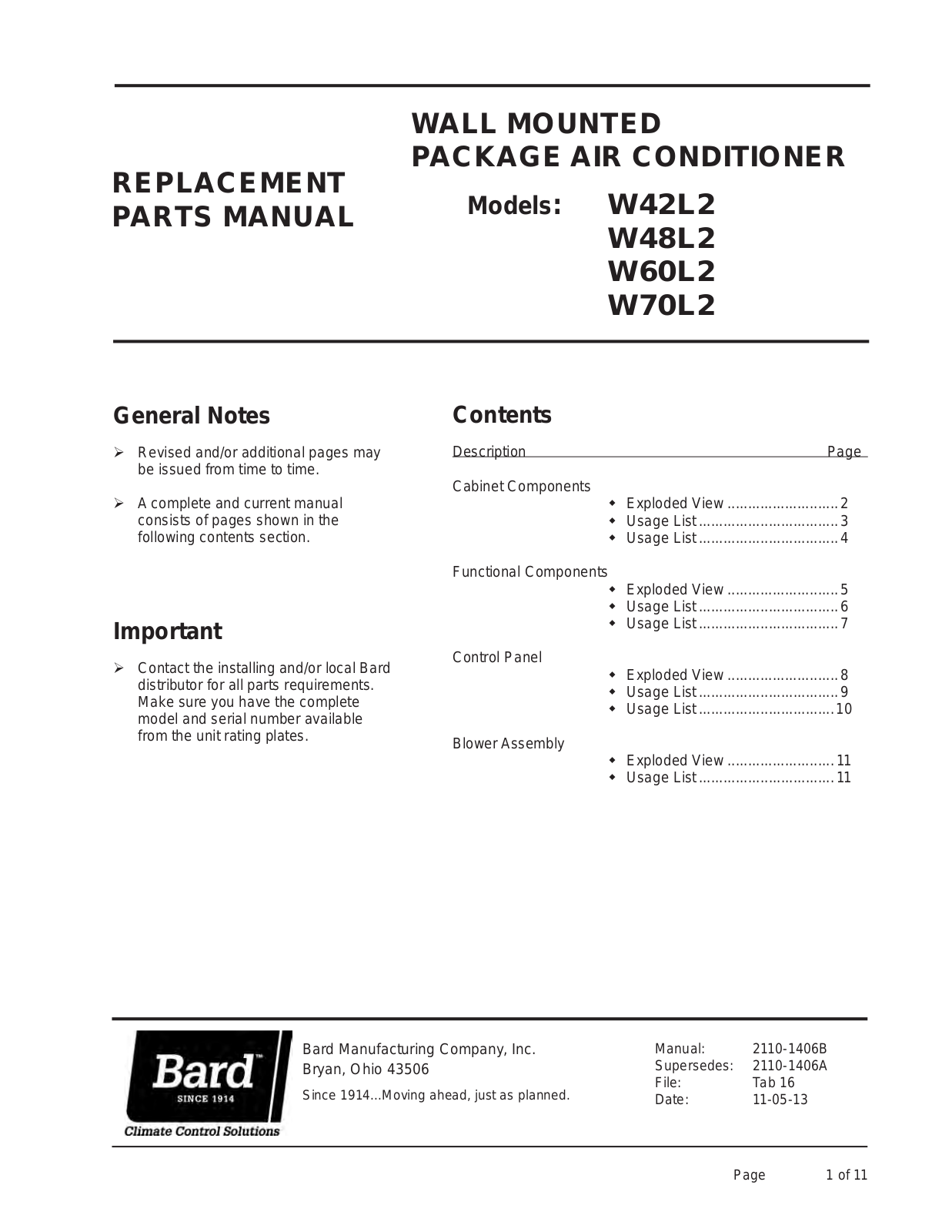 Bard W60L2, W42L2, W70L2, W48L2 User Manual