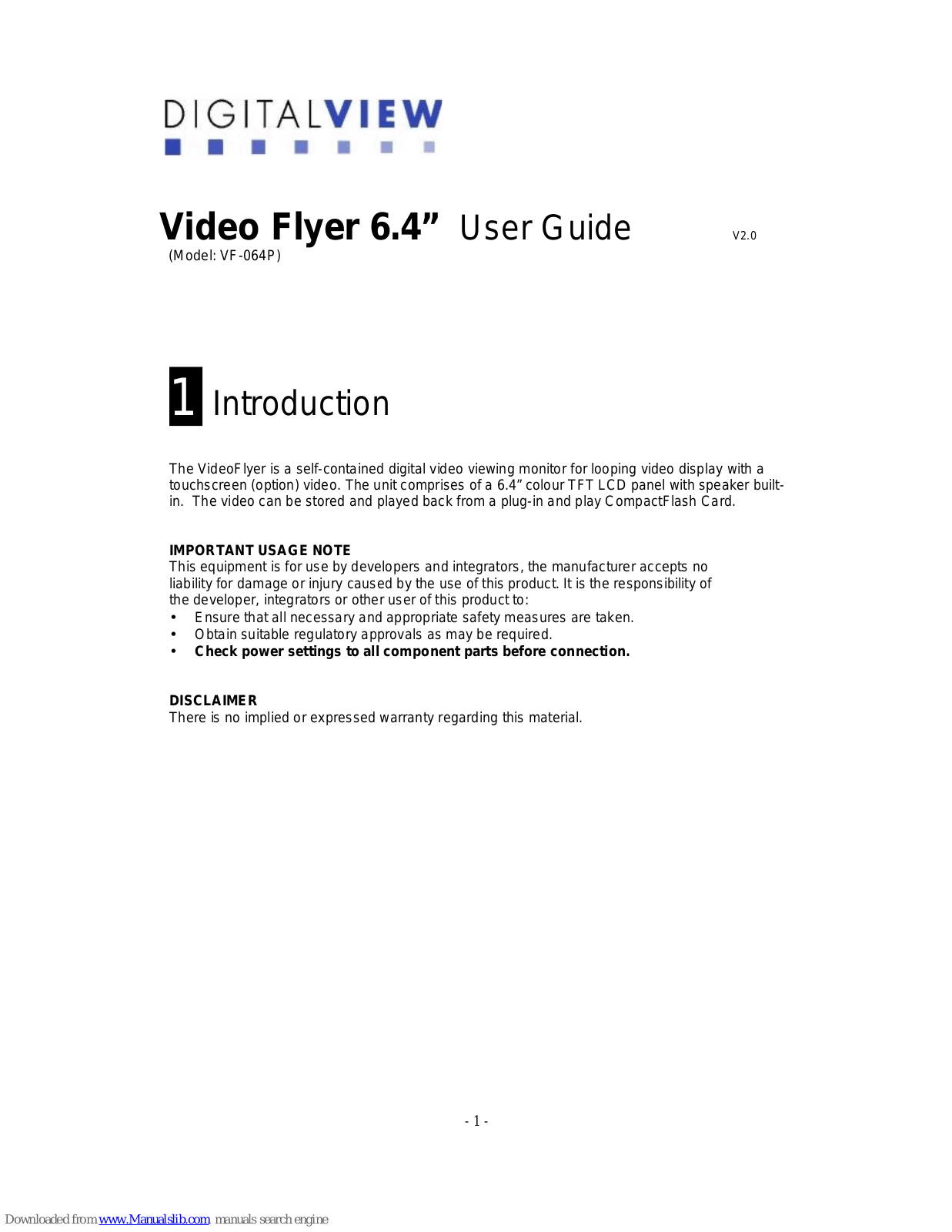 Digital View VF-064P, Video Flyer 6.4” User Manual