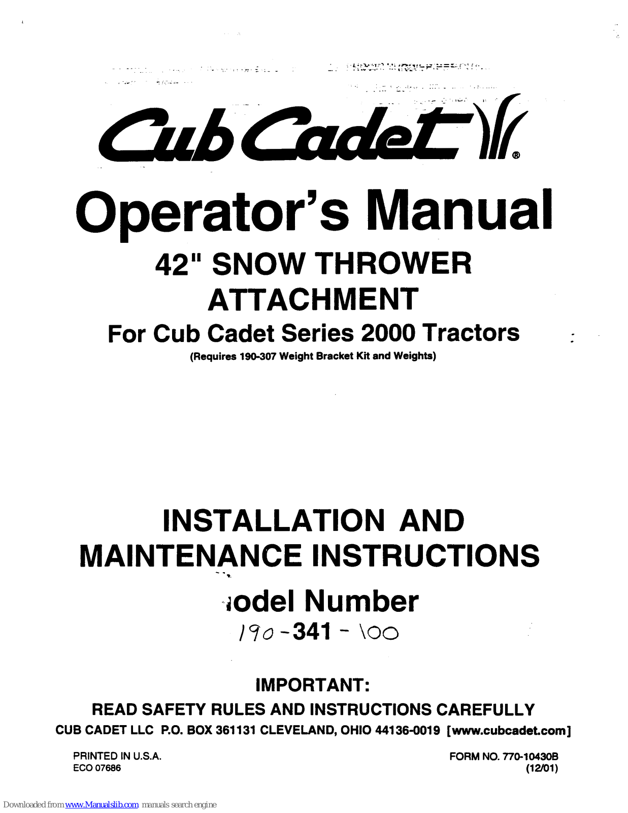 Cub Cadet 2000 series, 190-341, 341 Operator's Manual