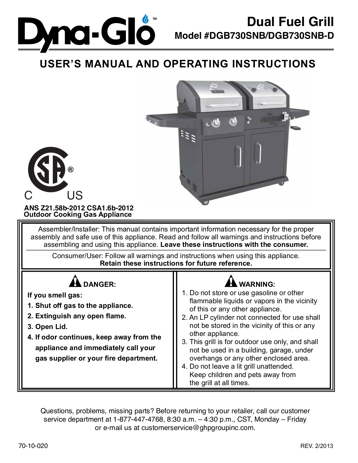 Dyna-glo Dgb730snb-1 Owner's Manual