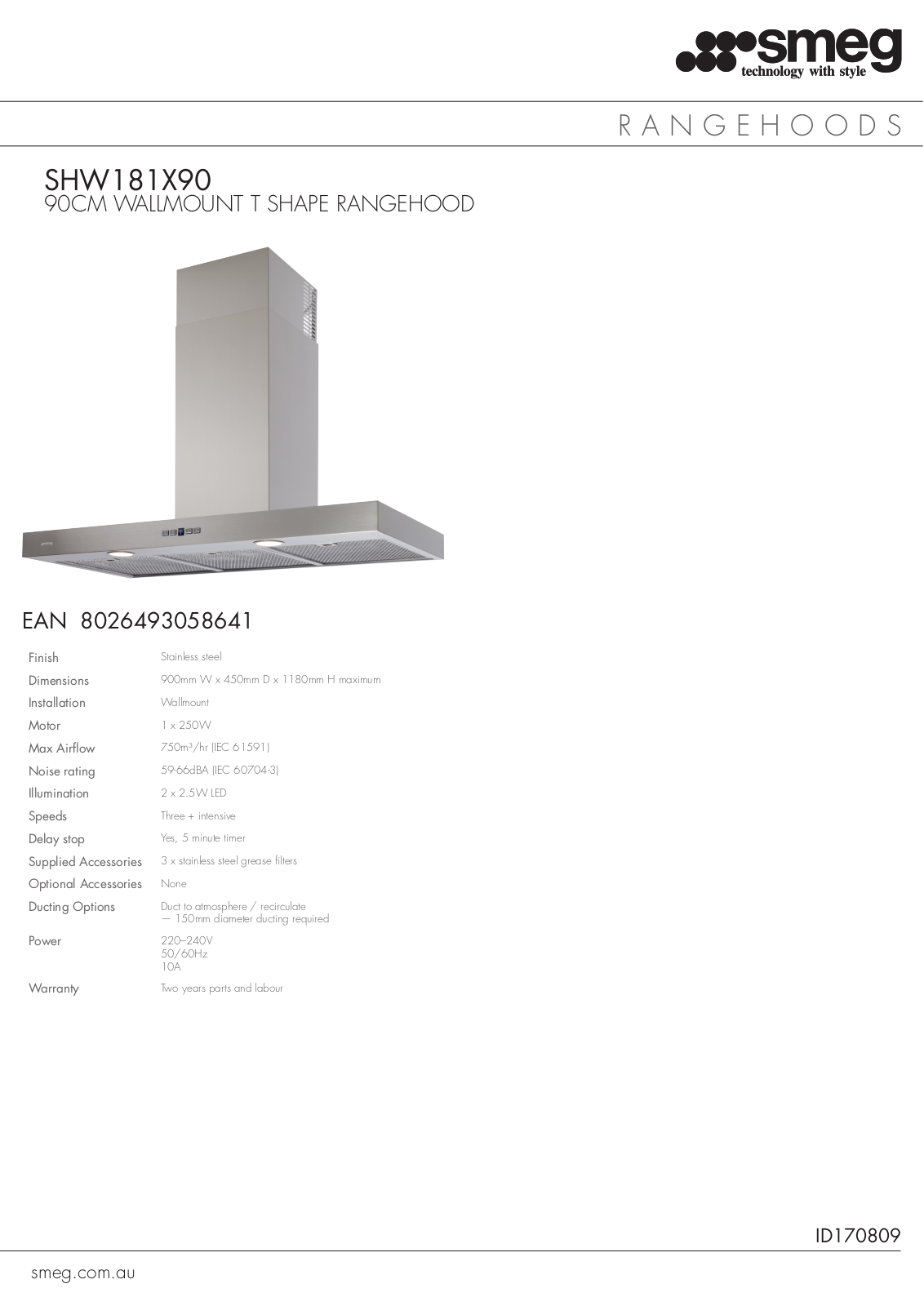 Smeg SHW181X90, SMEGSTYLEPACK2 Specifications Sheet