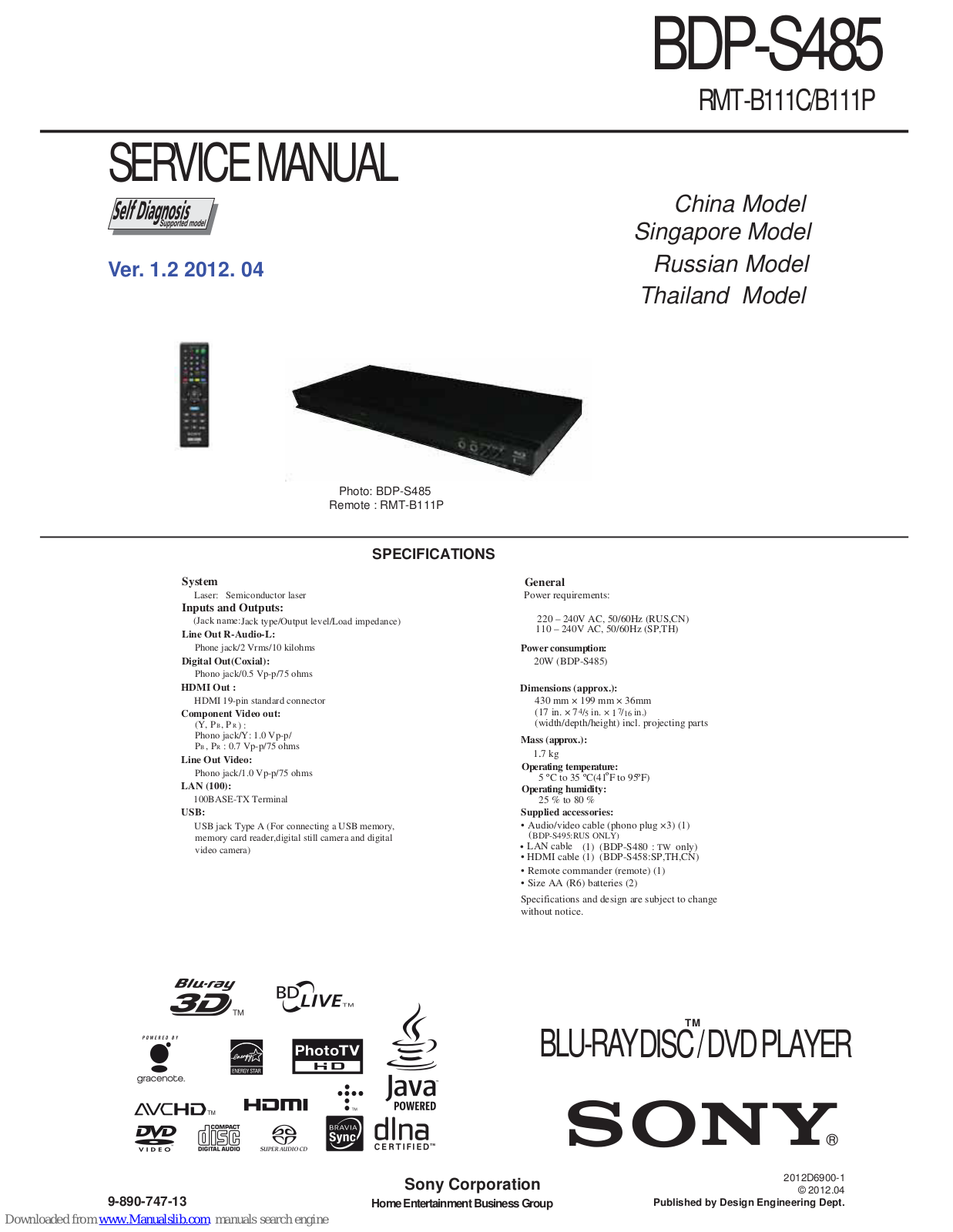 Sony BDP-S485, RMT-B111C, RMT-B111P Service Manual