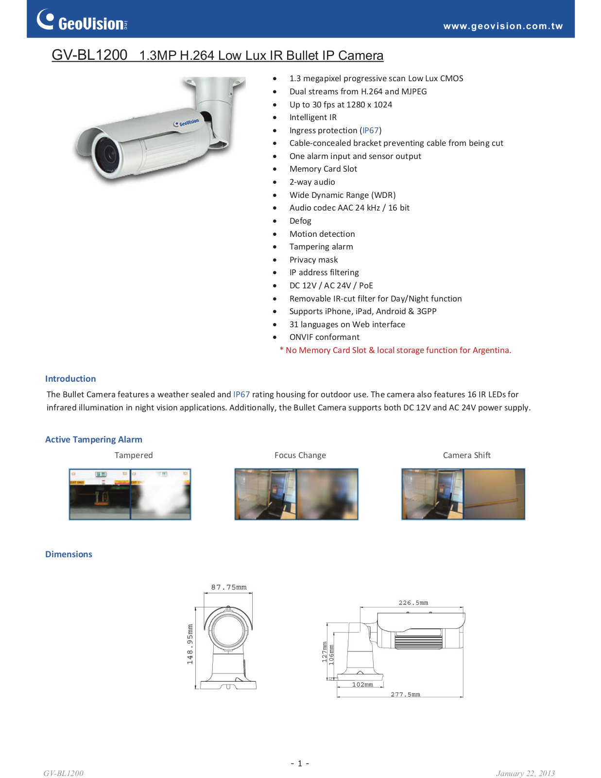 Geovision GV-BL1200 Specsheet