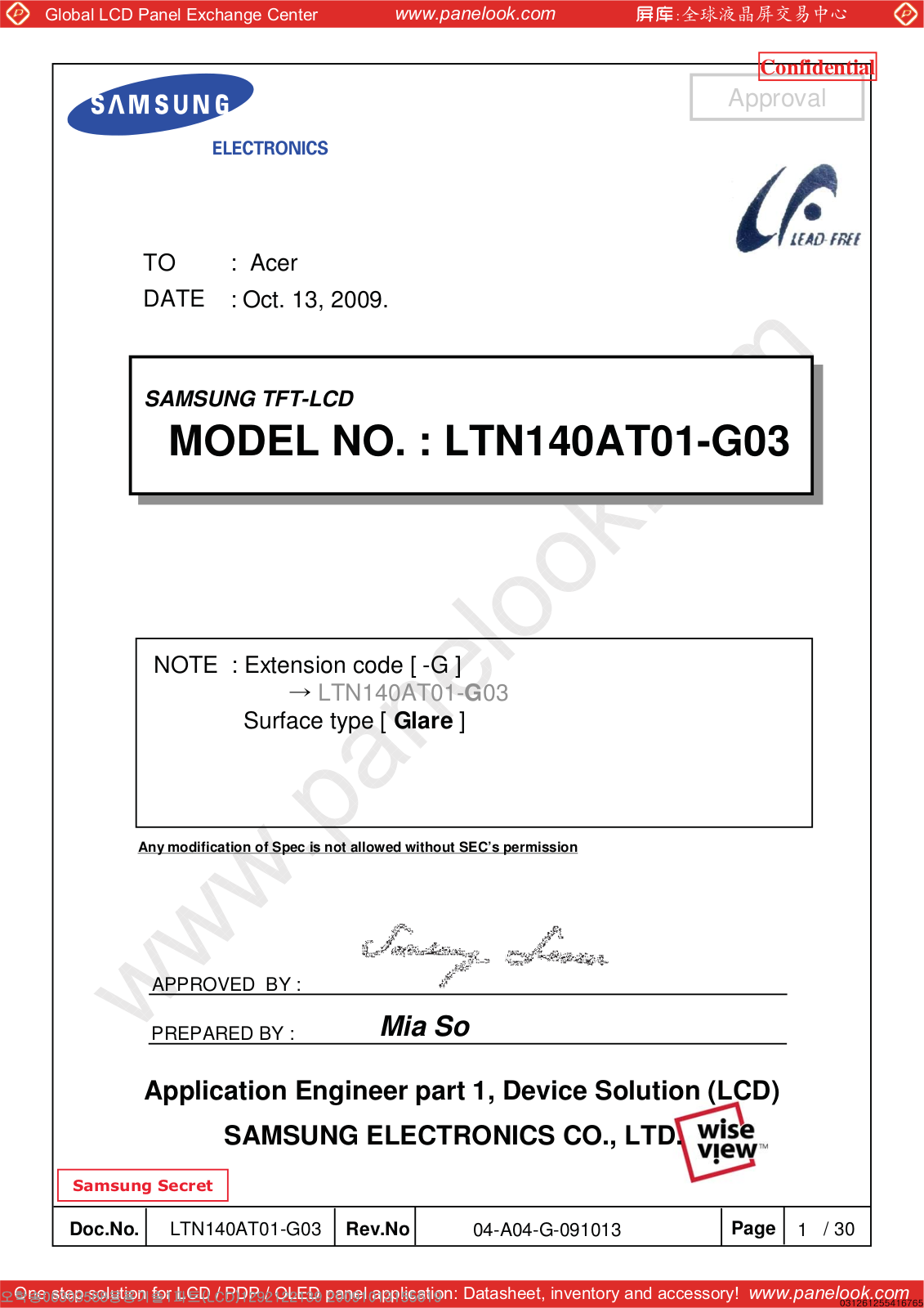 SAMSUNG LTN140AT01-G03 Specification