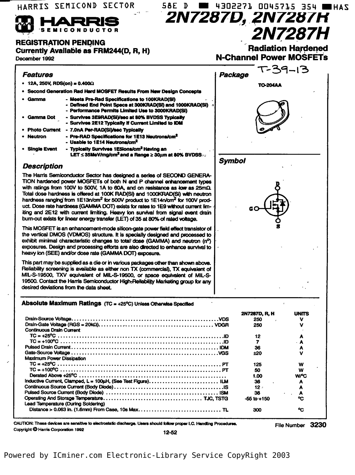 HARRIS Semiconductor 2N7287D Service Manual