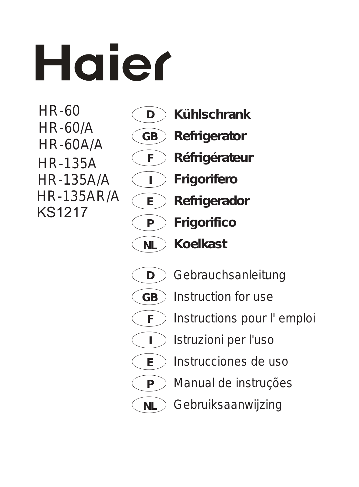 Haier HR-60, KS1217, HR-60A-A, HR-60-A, HR-135A User Manual