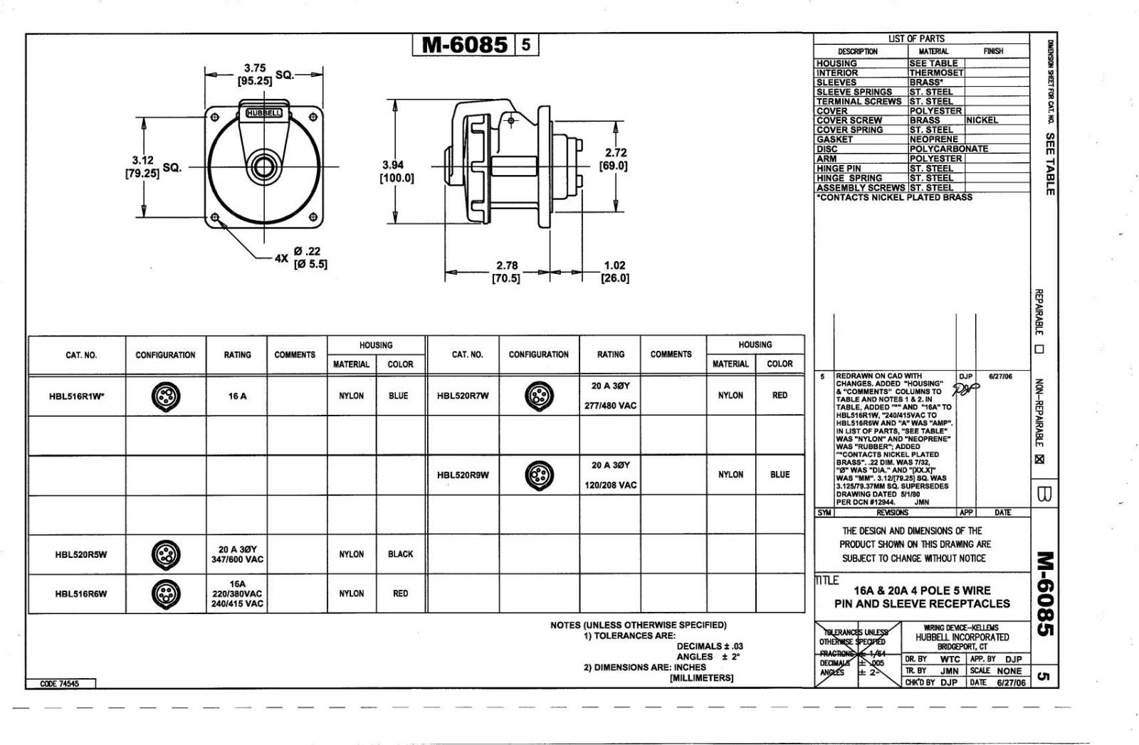 Hubbell HBL516R6W Reference Drawing