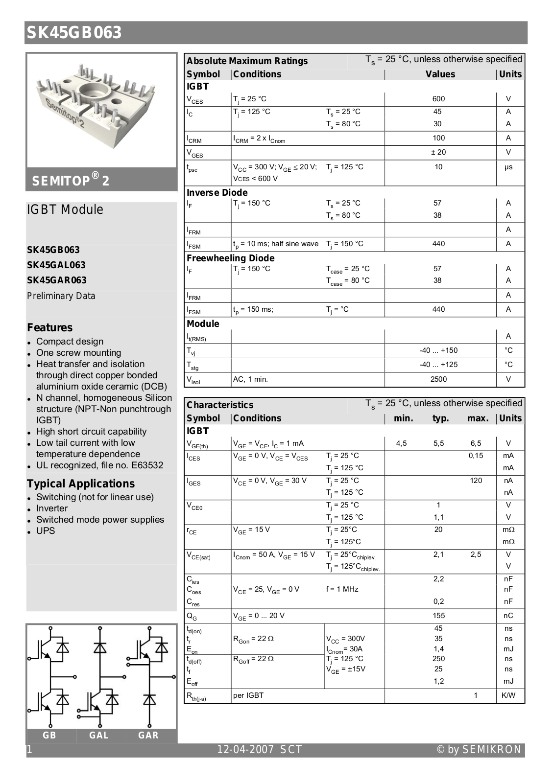 Semikron SK45GAL063 Data Sheet