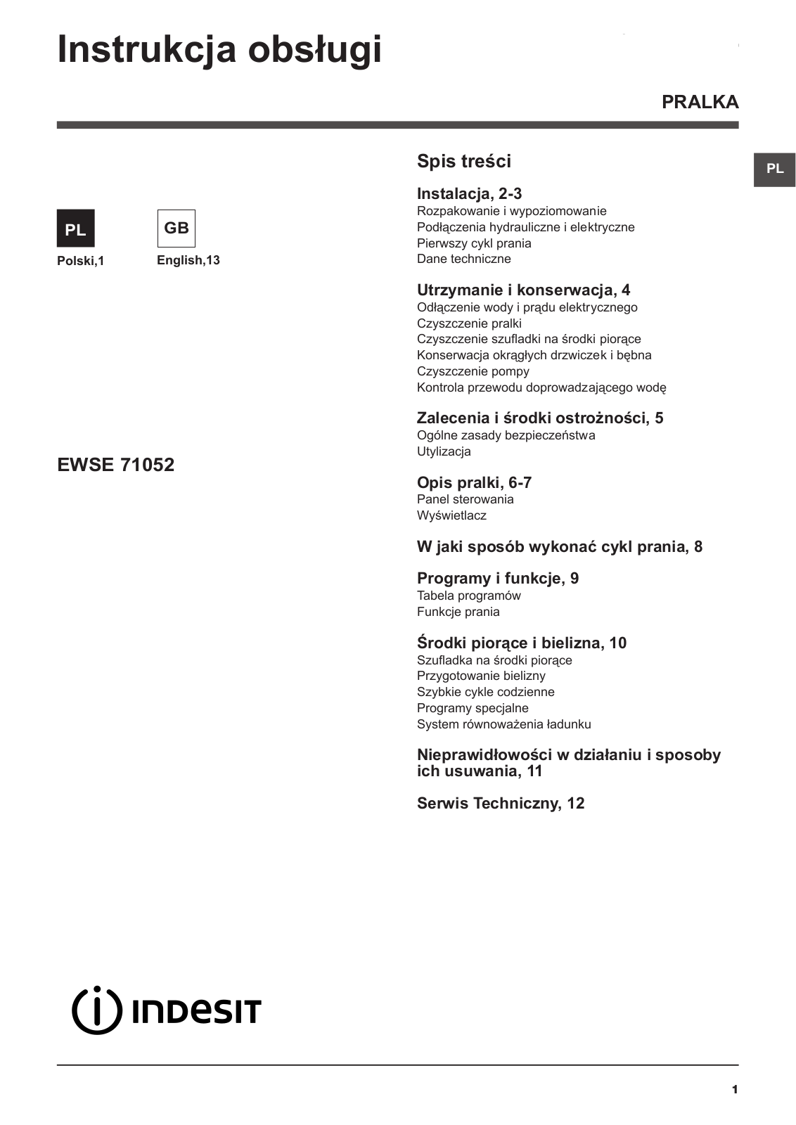 INDESIT EWSE 71052 W PL User Manual