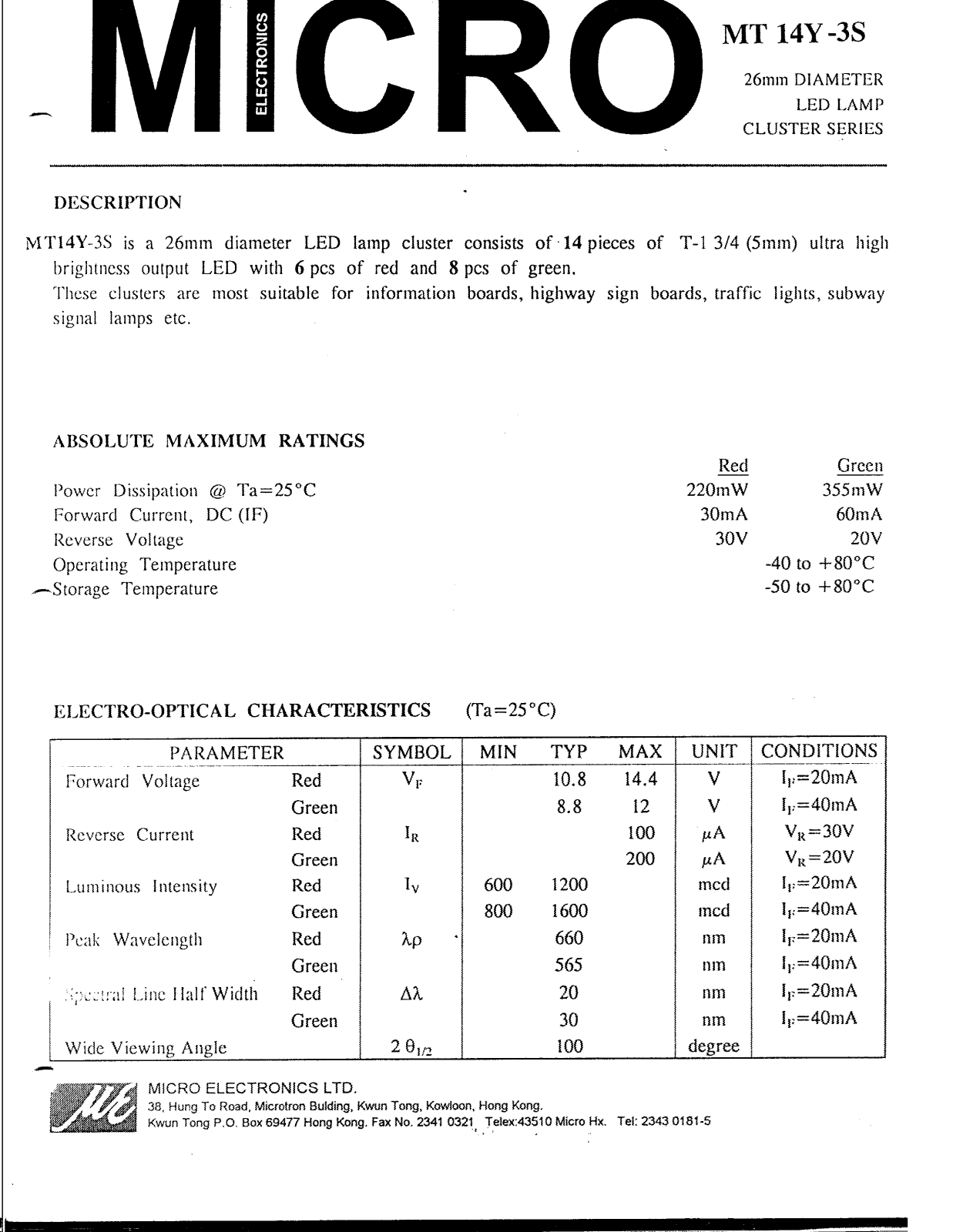 MICRO MT14Y-3S Datasheet