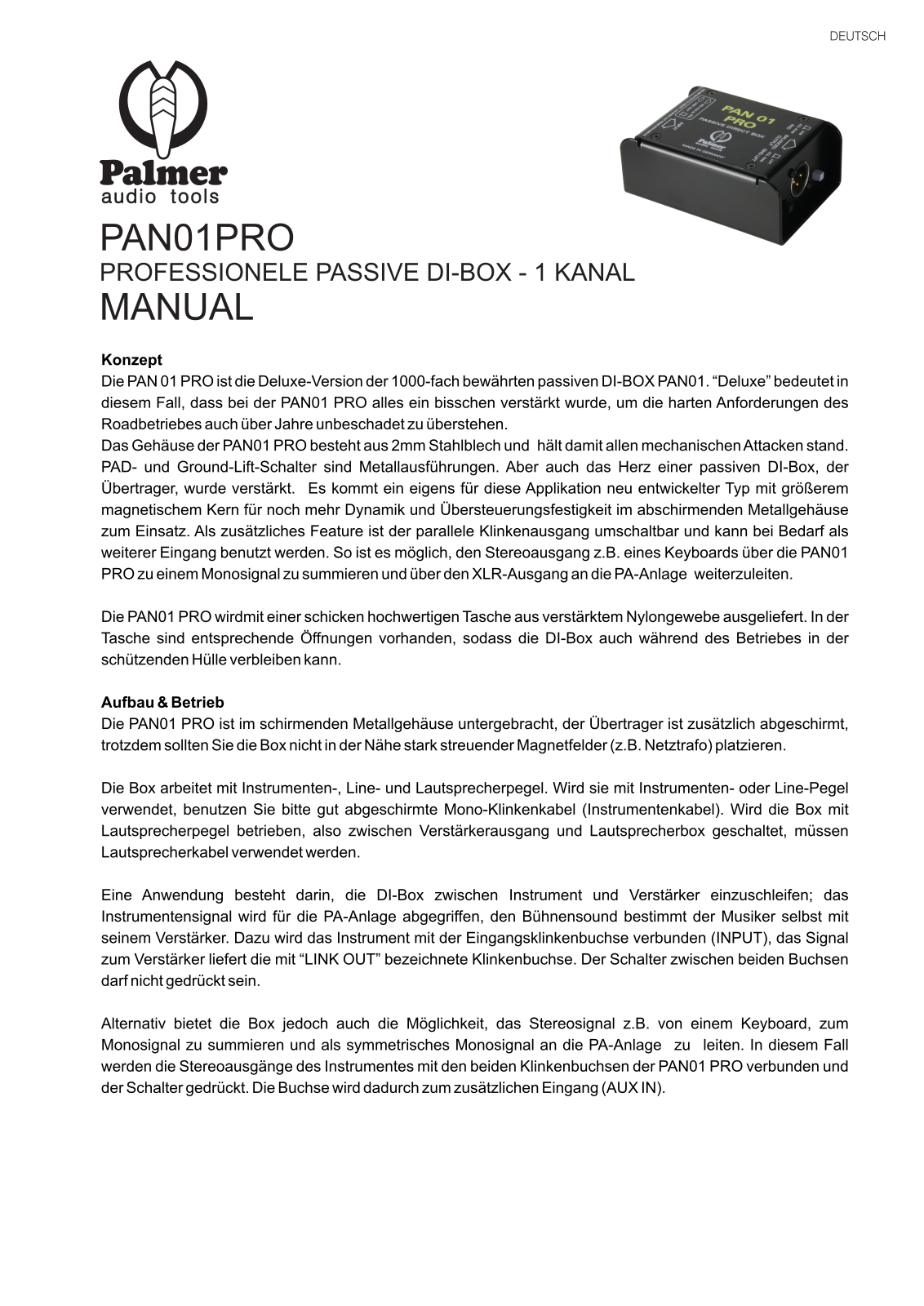 Palmer PAN 01 Pro User manual