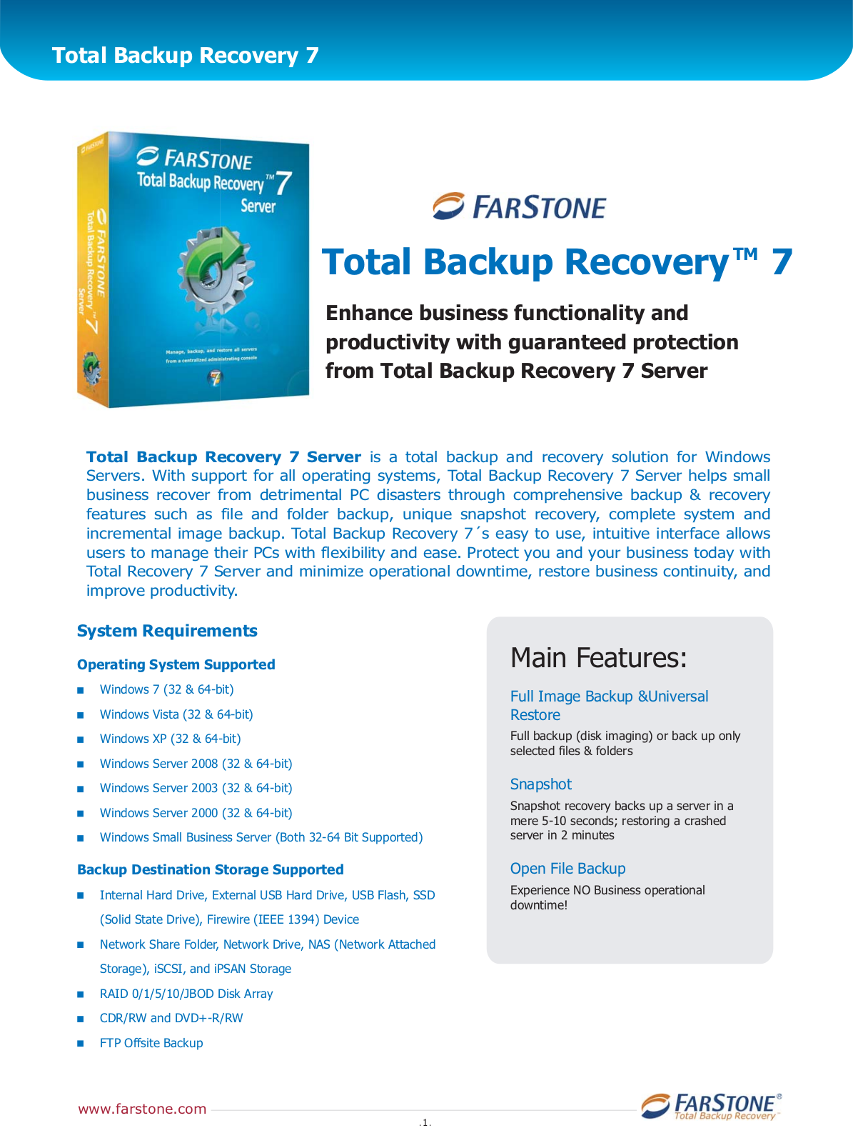 Farstone TOTAL BACKUP RECOVERY 7 SERVER DATASHEET