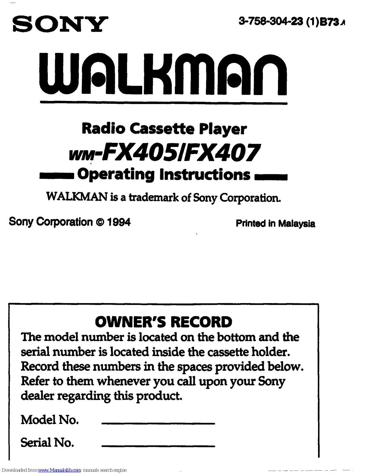 Sony Walkman WM-FX405, Walkman WM-FX407 Operating Instructions Manual