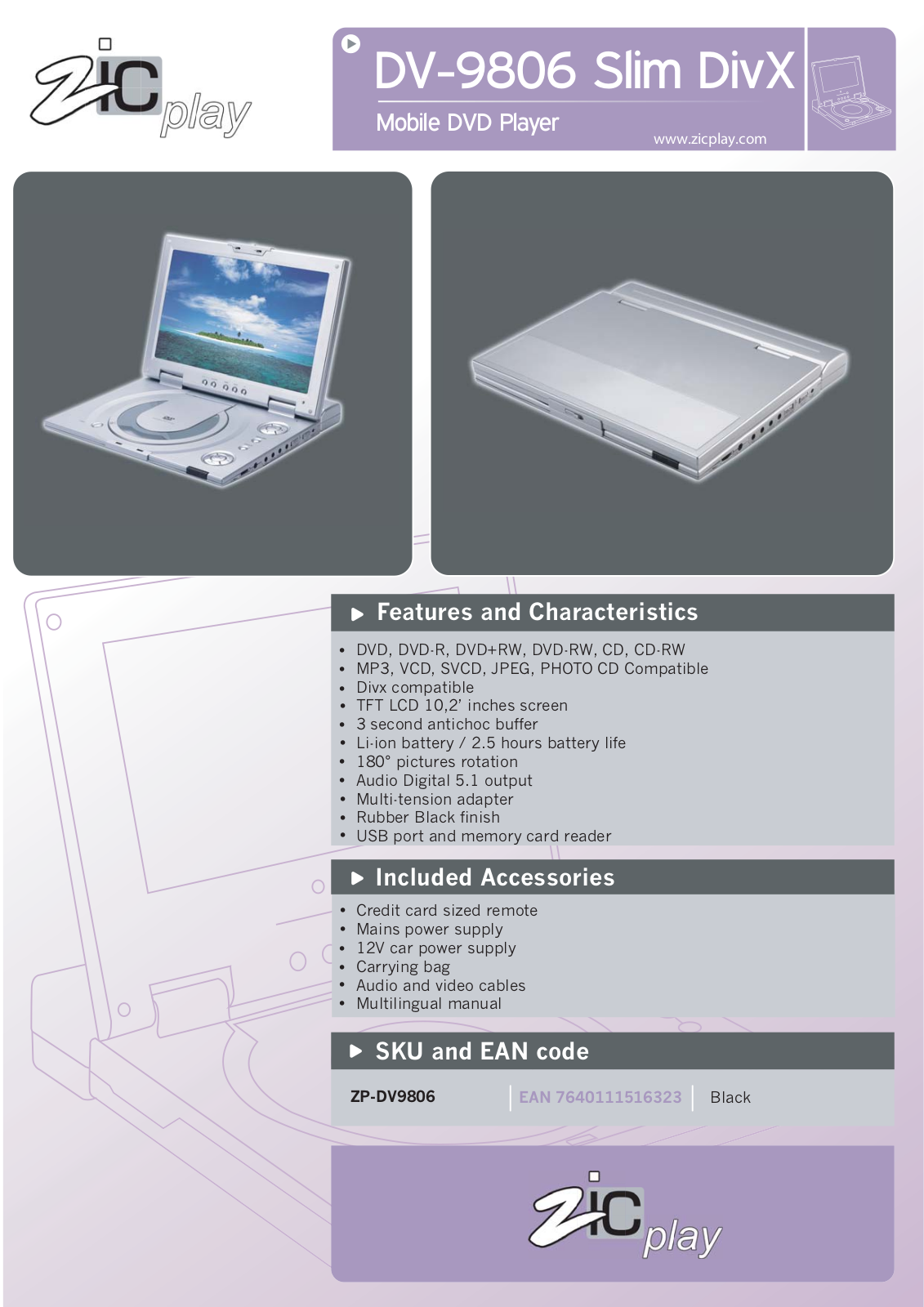 Zicplay DV-9806 characteristics