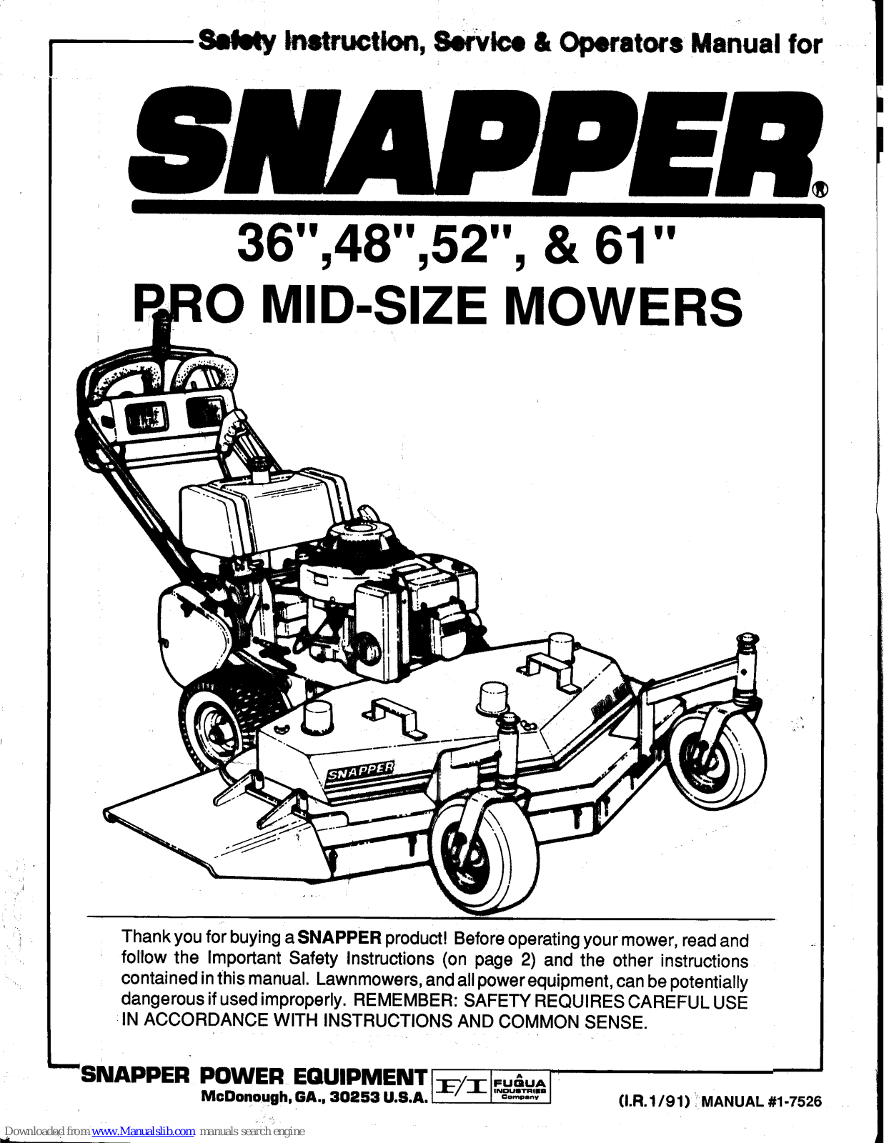 Snapper 36,61 Safety Instruction, Service & Operator's Manual