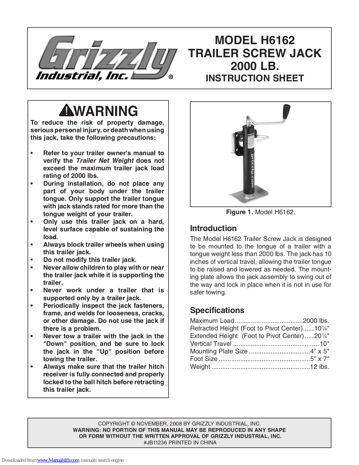 Grizzly Trailer Screw Jack H6162 Instruction Sheet