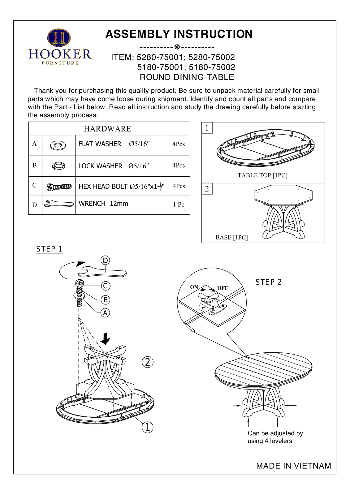 Hooker Furniture 528075203, 528075213, 518075203 Assembly Guide