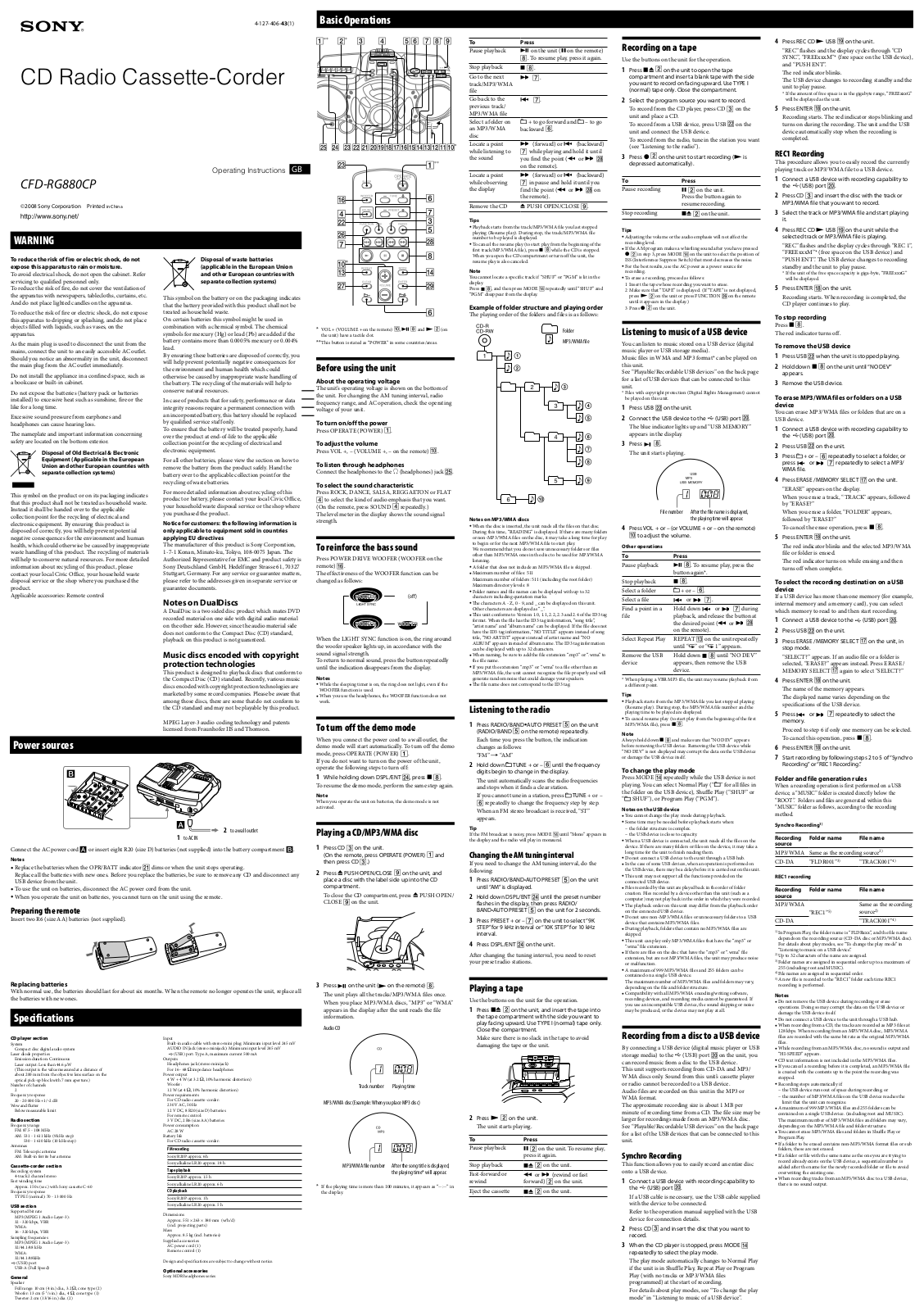 Sony CFD-RG880CP Operating Manual