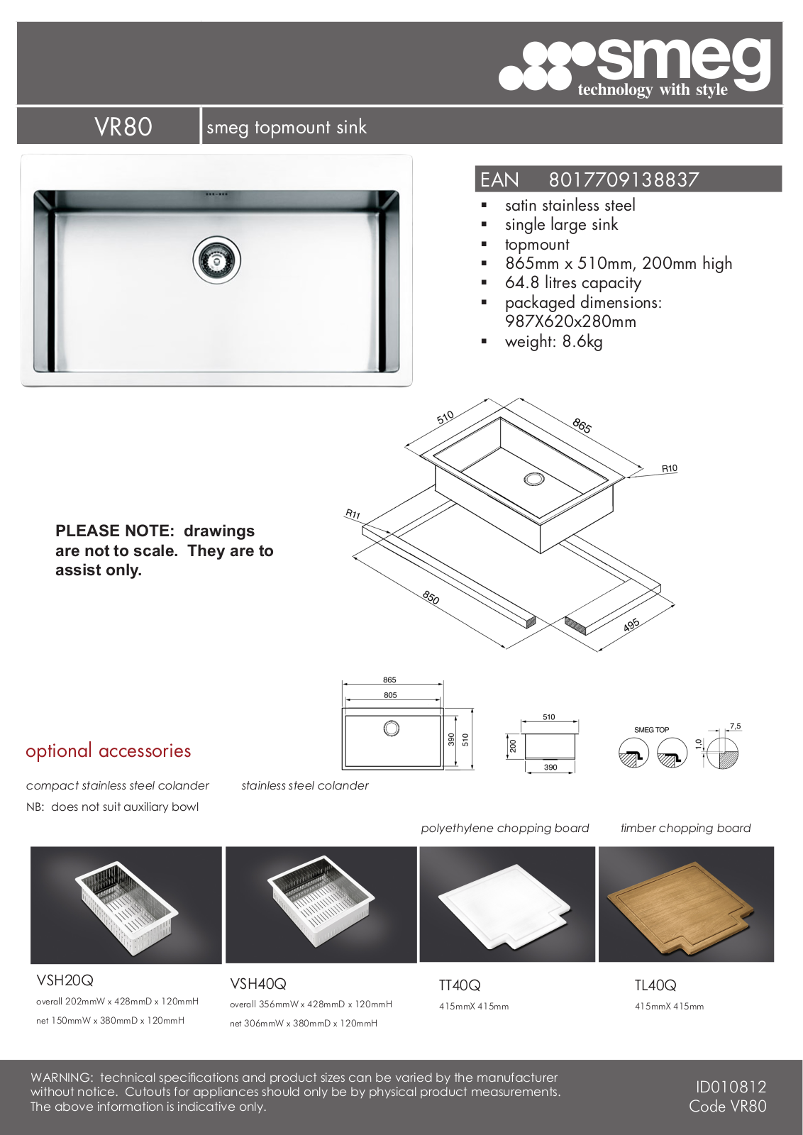 Smeg VR80 Specifications Sheet