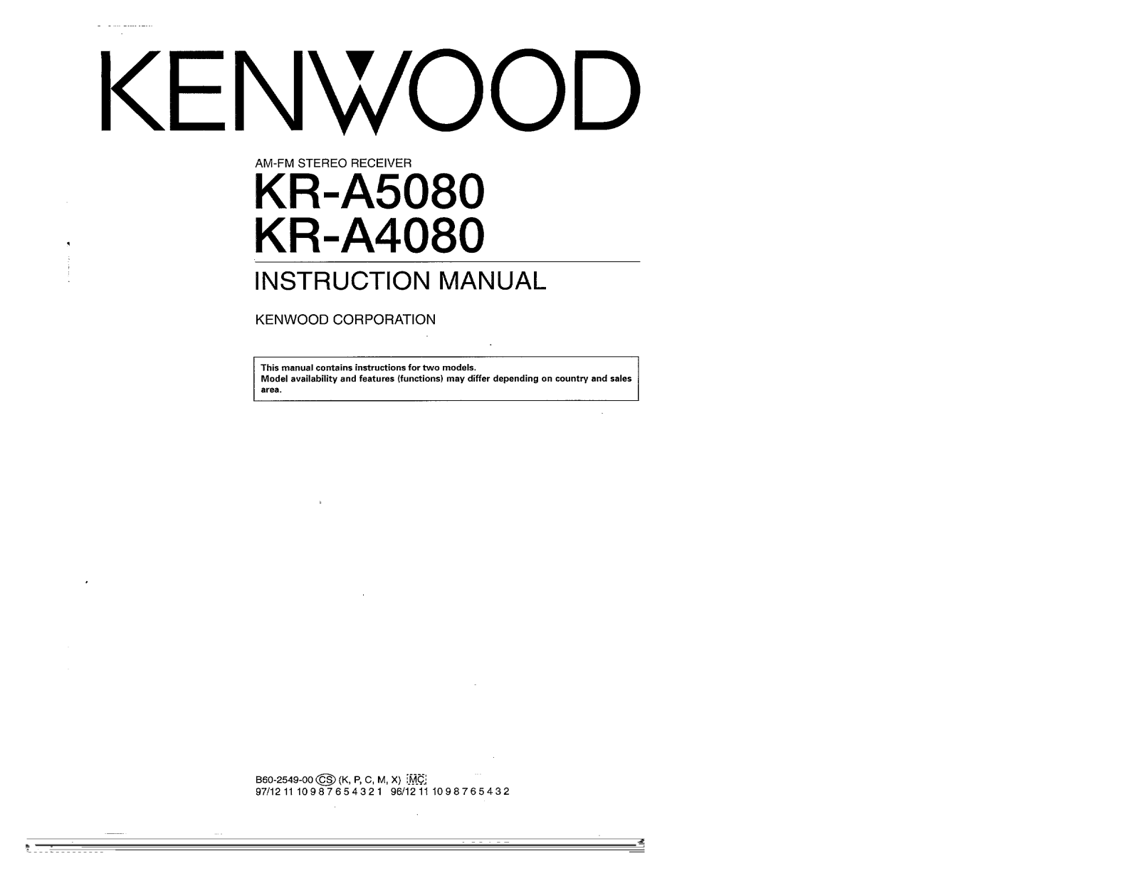 Kenwood KR-A5080, KR-A4080 Owner's Manual