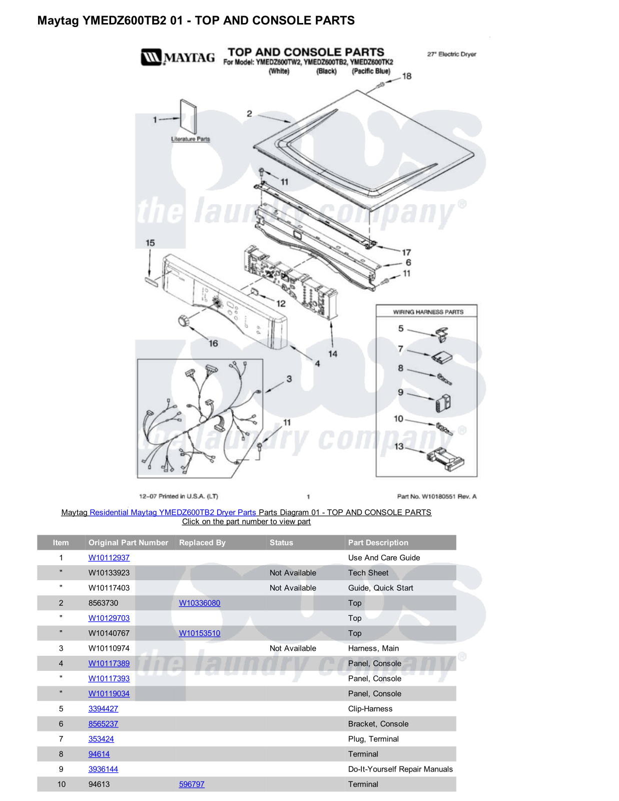 Maytag YMEDZ600TB2 Parts Diagram