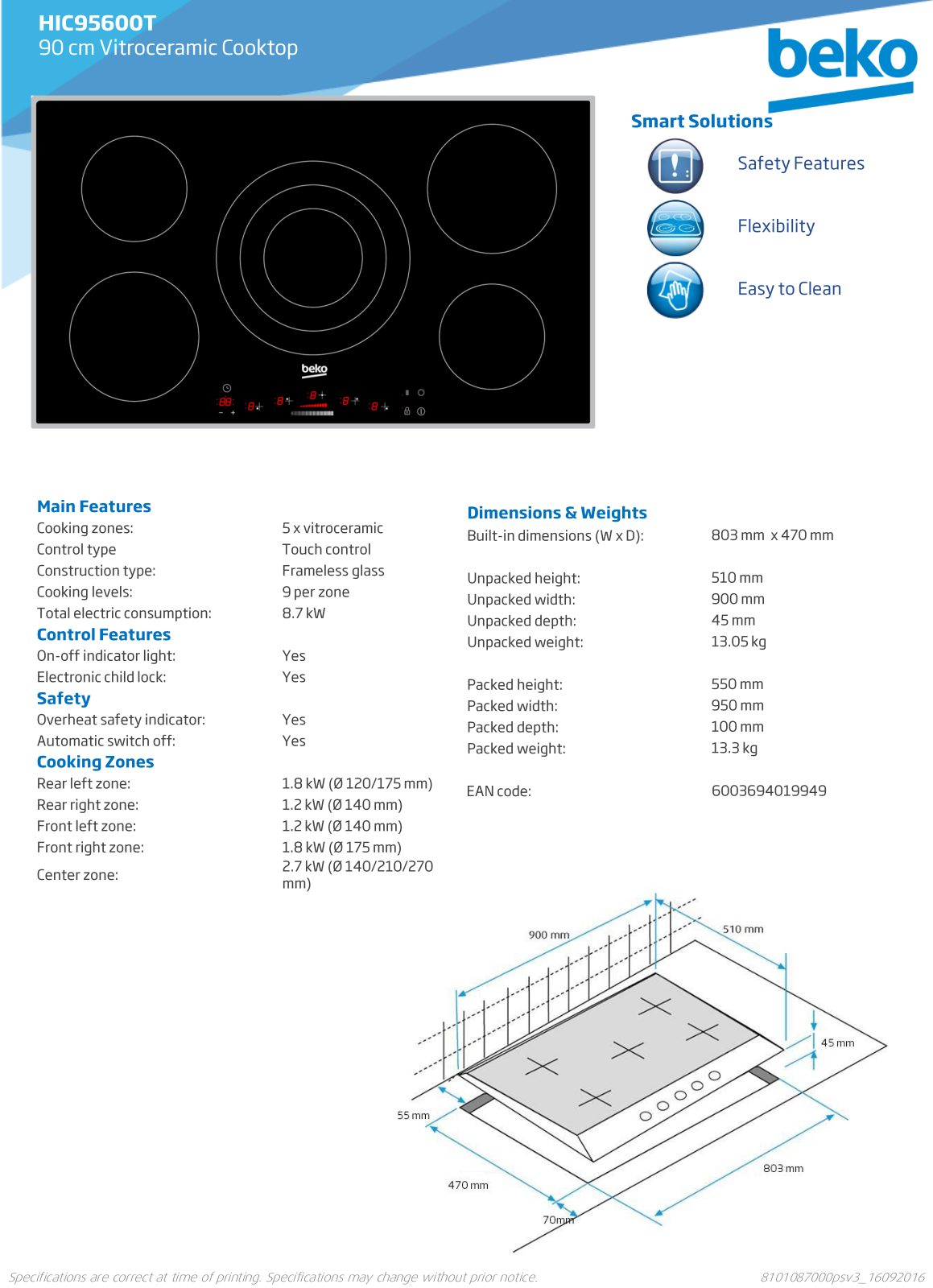 Beko HIC95600T Specifications Sheet