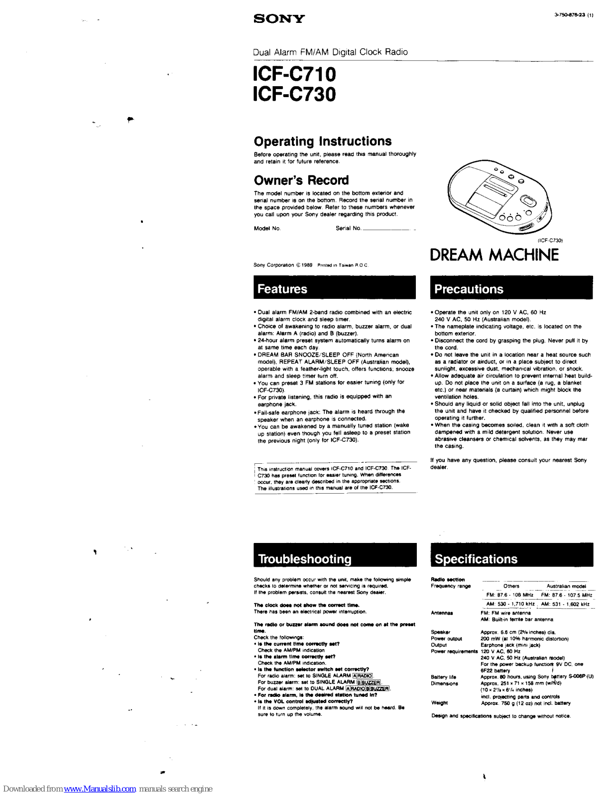 Sony ICF-C710,ICF-C730 Operating Instructions Manual