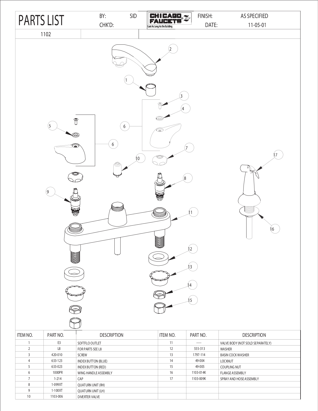 Chicago Faucet 1102-CP Parts List