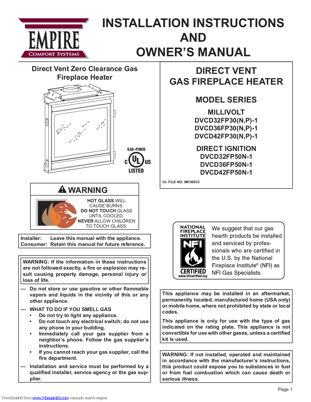 Empire Comfort Systems dvcd32fp50n-1, dvcd32fp30p-1, dvcd36fp50n-1, dvcd42fp50n-1, dvcd36fp30p-1 Owner's Manual