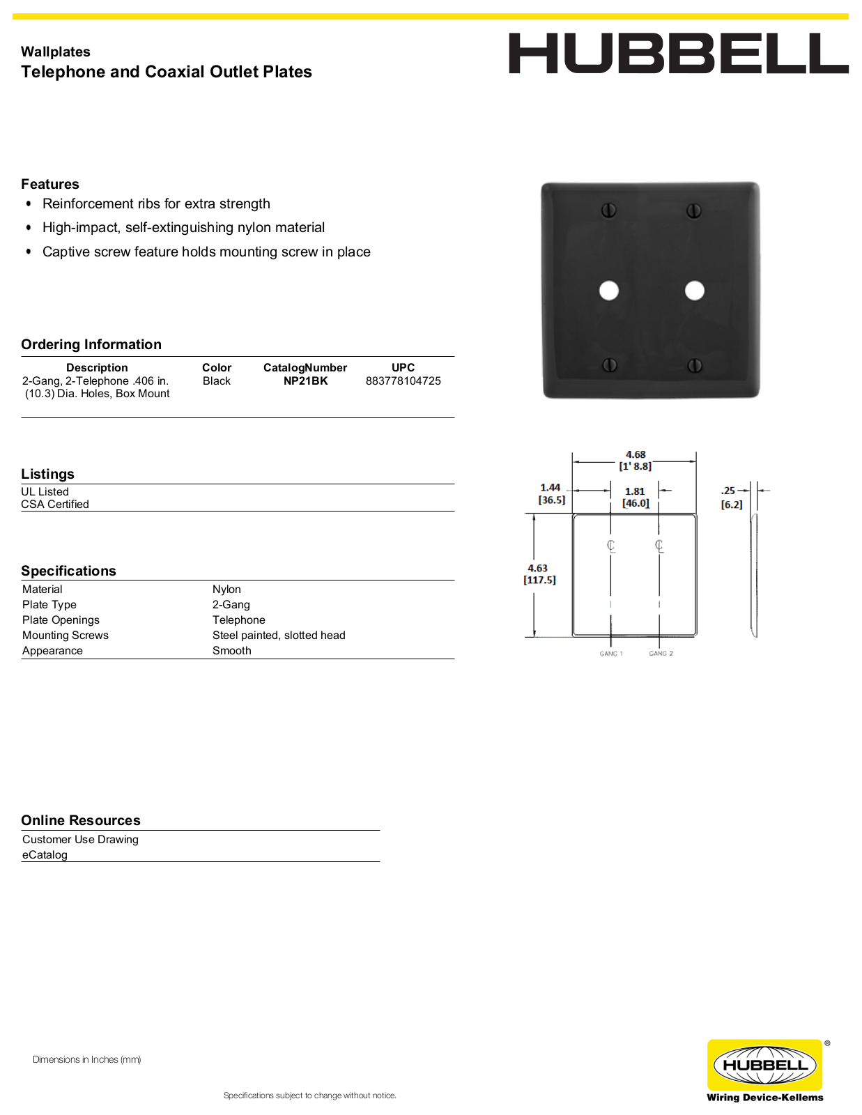 Hubbell NP21BK Specifications