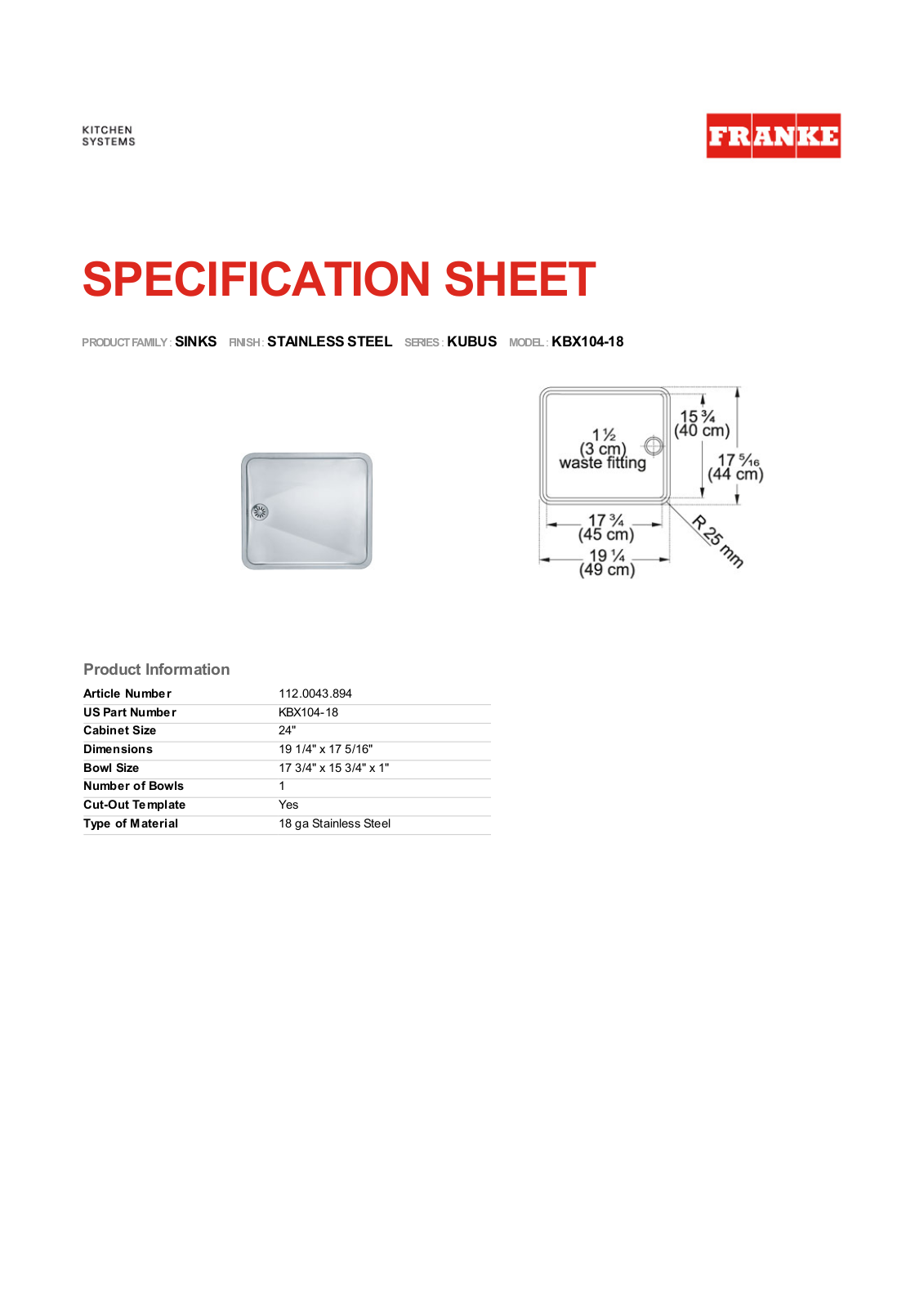 Franke Foodservice KBX104-18 User Manual