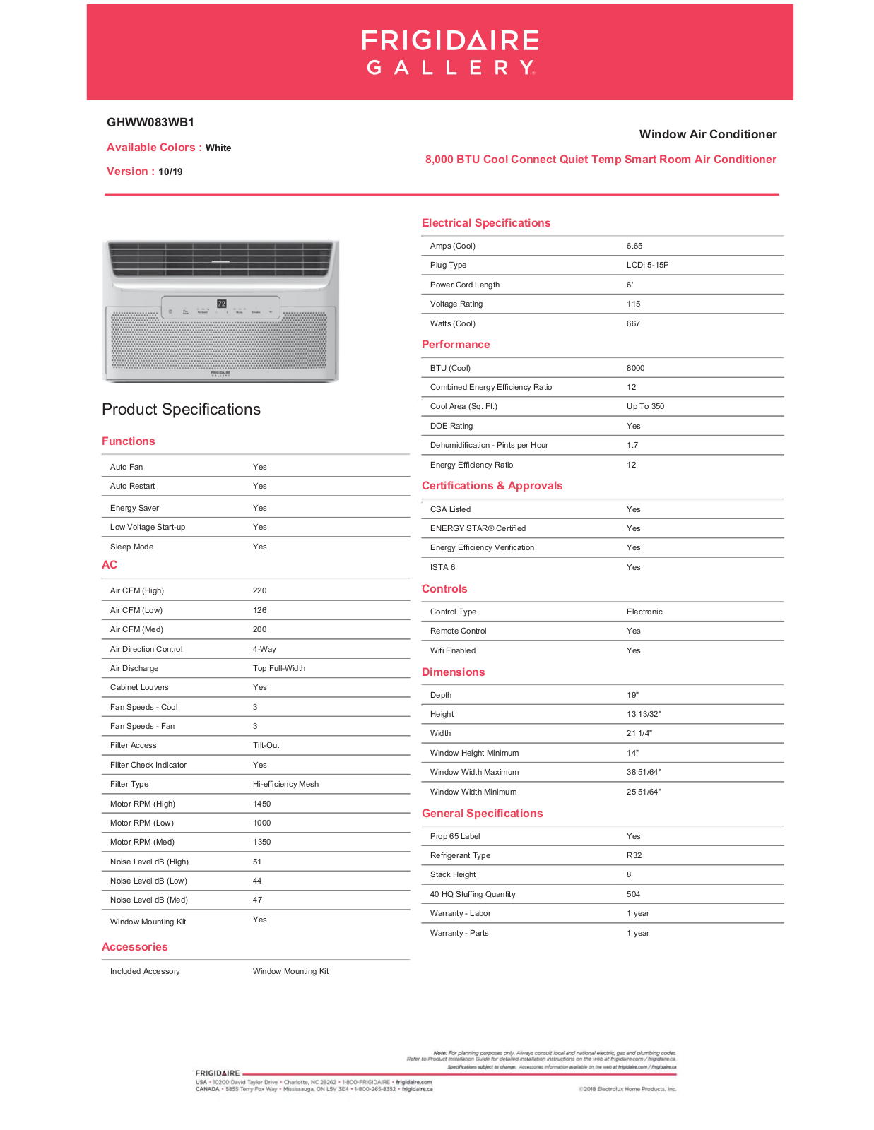 Frigidaire GHWW083WB1 Specifications